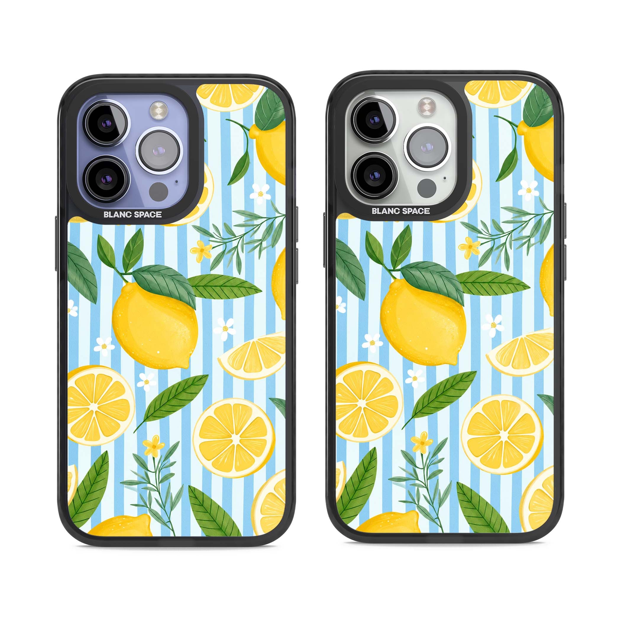 Capri Citrus Stripe coastal iPhone case featuring yellow lemons, blue stripes, and white daisy blossoms | Black Impact case for iPhone 13 Pro, iPhone 14 Pro, iPhone 15 Pro