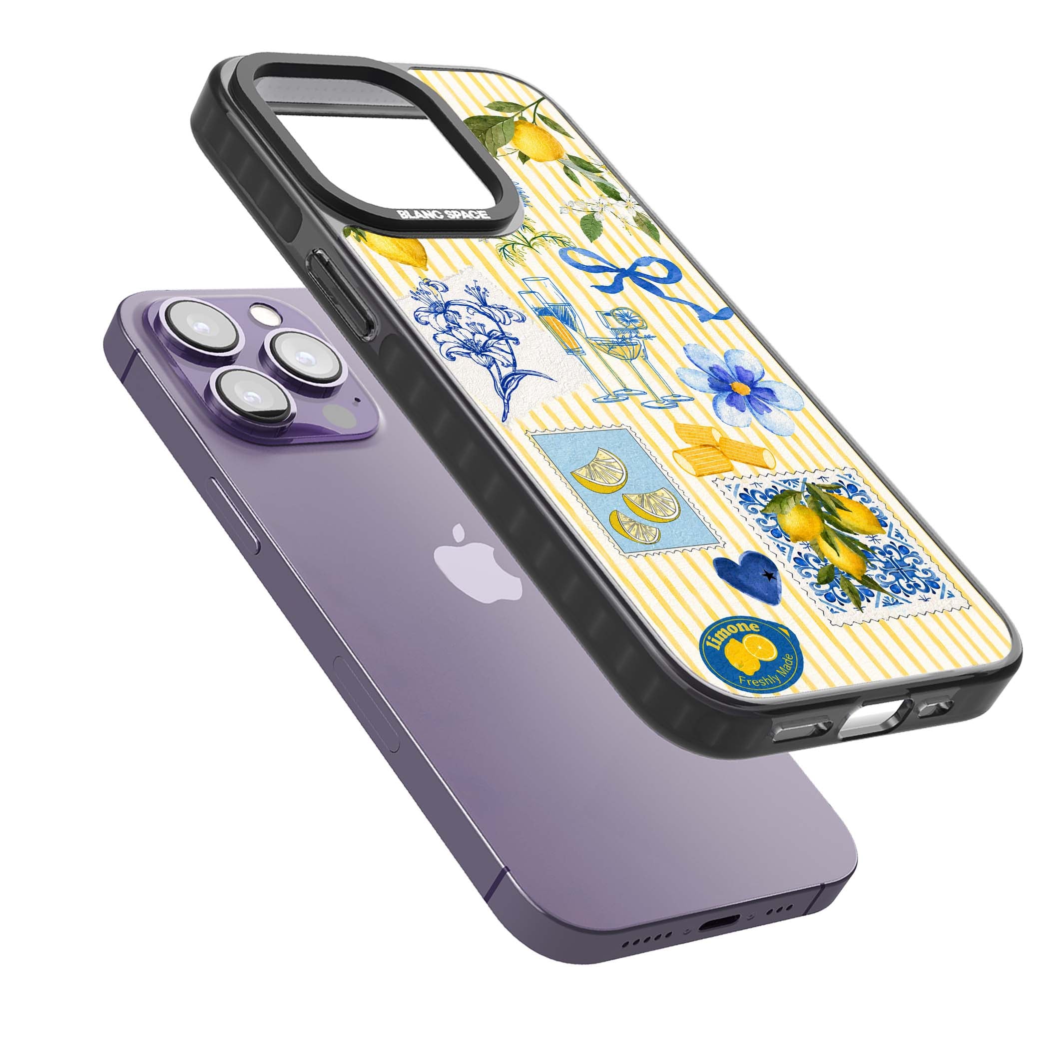 Limone Riviera Italian summer iPhone case featuring watercolour lemons, blue ribbon bows and majolica tile stamps on... | Black Impact case for iPhone 13 Pro, iPhone 14 Pro, iPhone 15 Pro