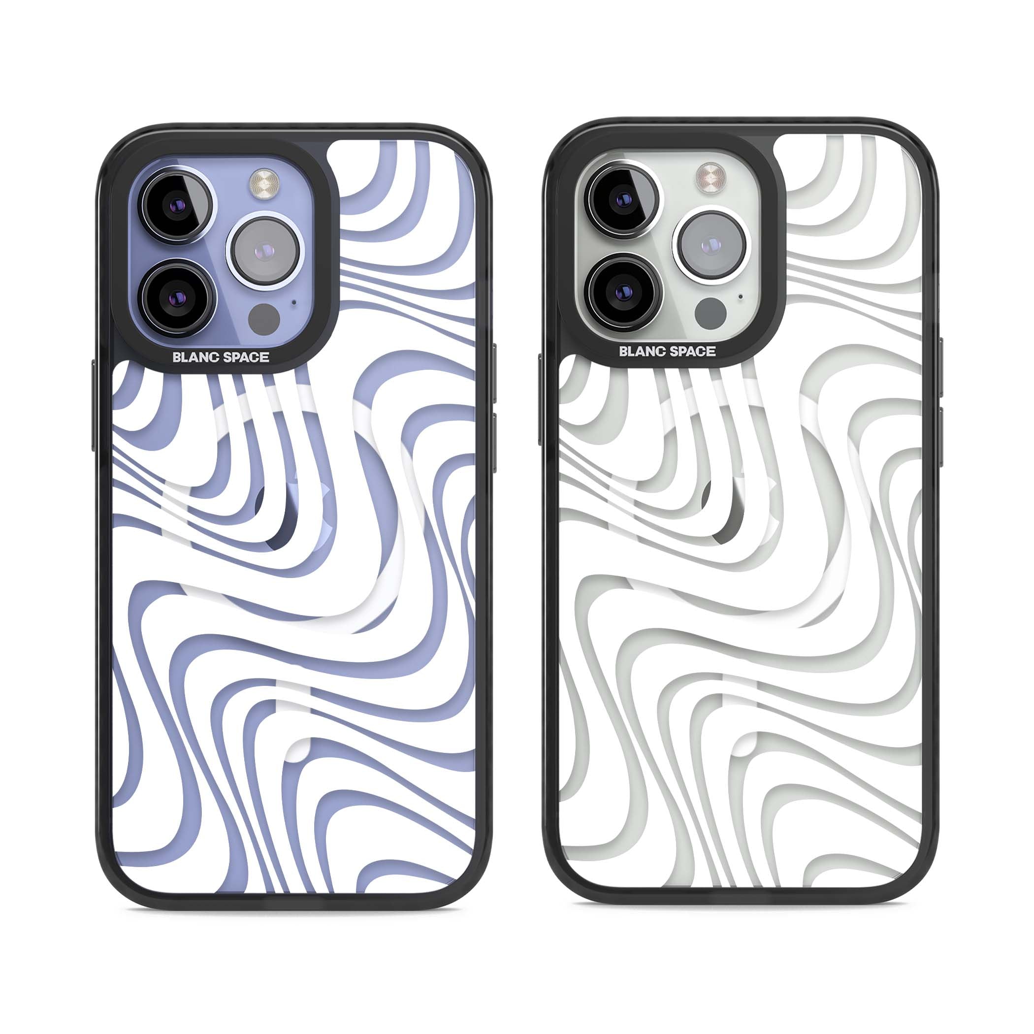 White Abstract Waves abstract iPhone case featuring flowing grey wave pattern on clear background | Black Impact Magsafe case for iPhone 13 Pro, iPhone 14 Pro, iPhone 15 Pro