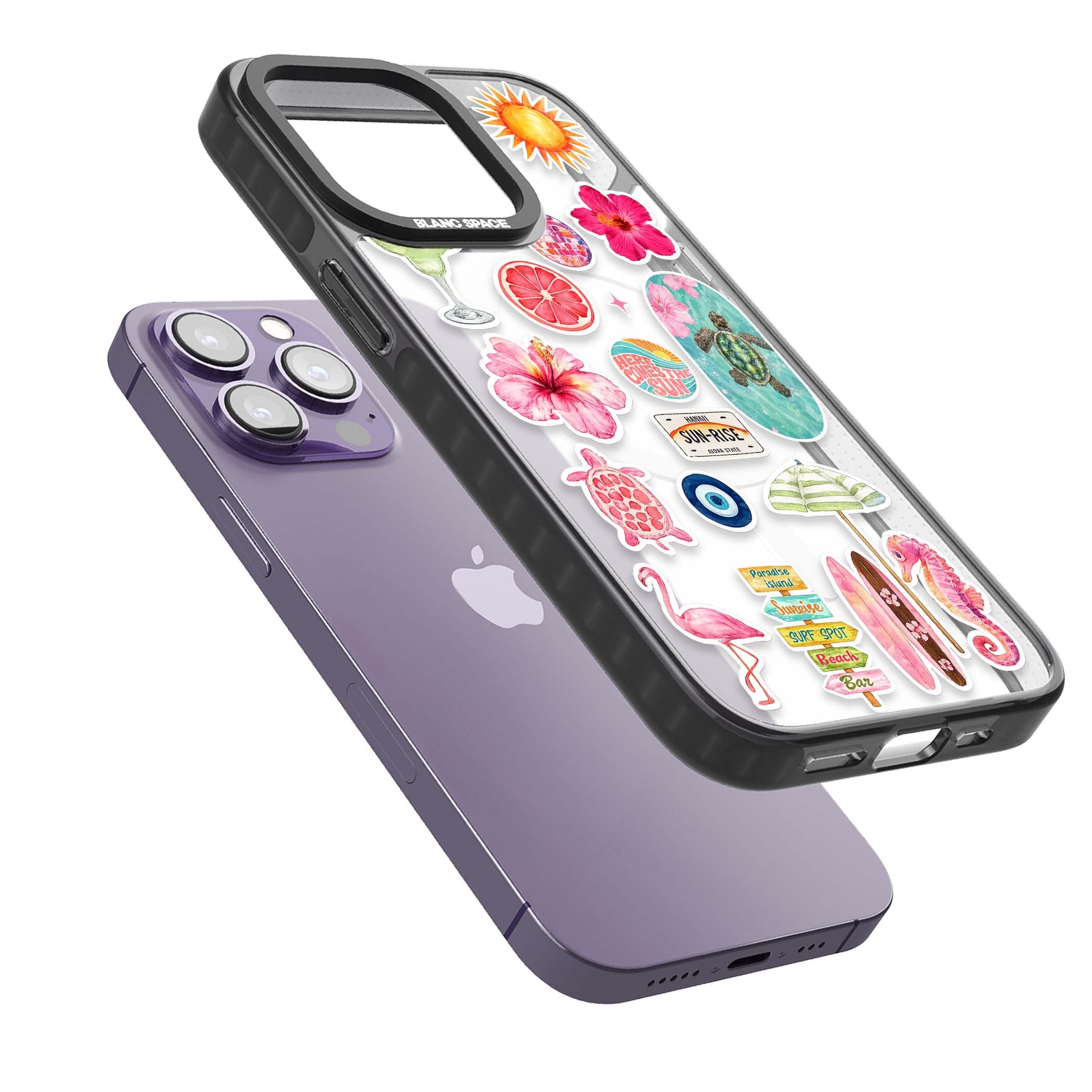 Aloha Sticker Mix tropical summer iPhone case featuring pink hibiscus, sea turtles, flamingo and beach umbrella stickers | Black Impact Magsafe case for iPhone 13 Pro, iPhone 14 Pro, iPhone 15 Pro