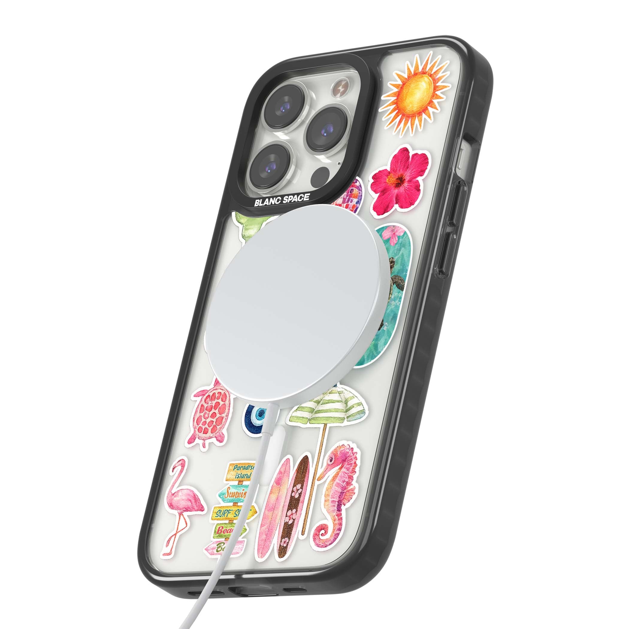 Aloha Sticker Mix tropical summer iPhone case featuring pink hibiscus, sea turtles, flamingo and beach umbrella stickers | Black Impact Magsafe case for iPhone 13 Pro, iPhone 14 Pro, iPhone 15 Pro