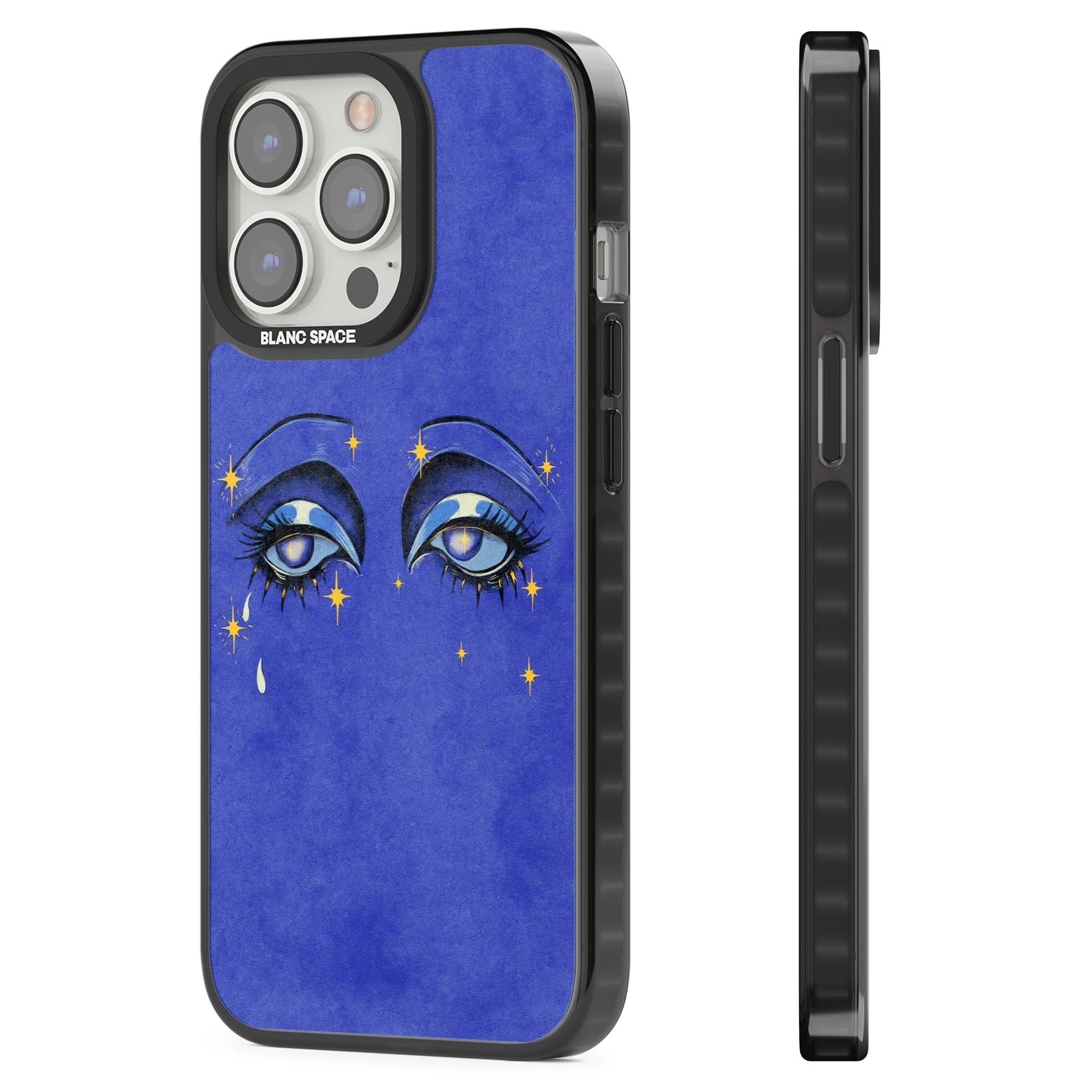 Blue Mystic Eyes celestial iPhone case featuring hand drawn blue mystical eyes, golden stars and a painted tear on indigo | Black Impact Magsafe case for iPhone 13 Pro, iPhone 14 Pro, iPhone 15 Pro