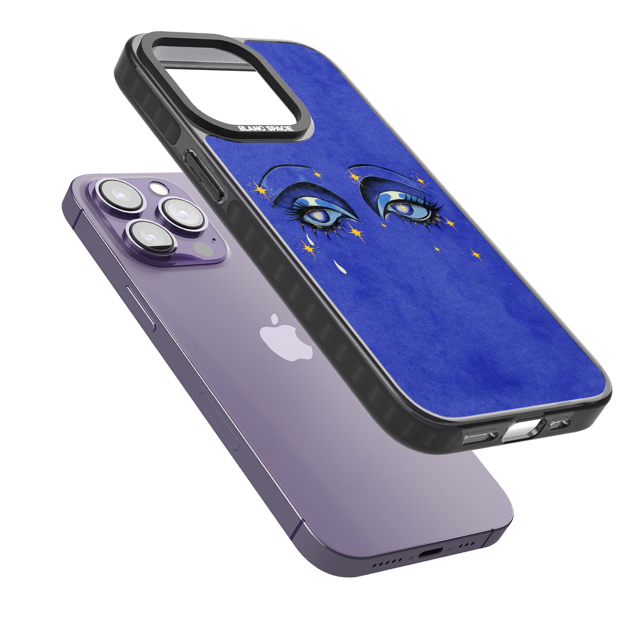 Blue Mystic Eyes celestial iPhone case featuring hand drawn blue mystical eyes, golden stars and a painted tear on indigo | Black Impact Magsafe case for iPhone 13 Pro, iPhone 14 Pro, iPhone 15 Pro