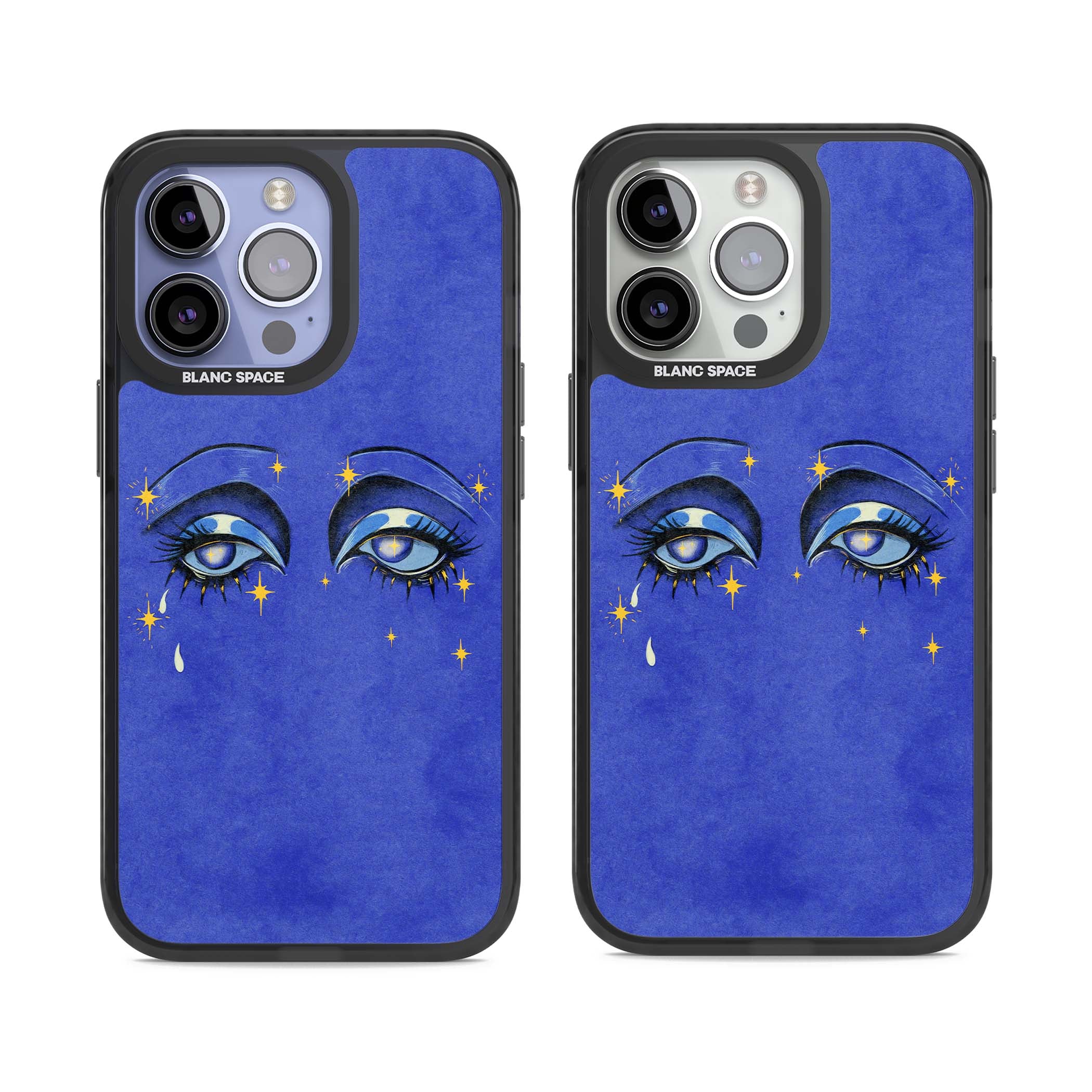 Blue Mystic Eyes celestial iPhone case featuring hand drawn blue mystical eyes, golden stars and a painted tear on indigo | Black Impact Magsafe case for iPhone 13 Pro, iPhone 14 Pro, iPhone 15 Pro