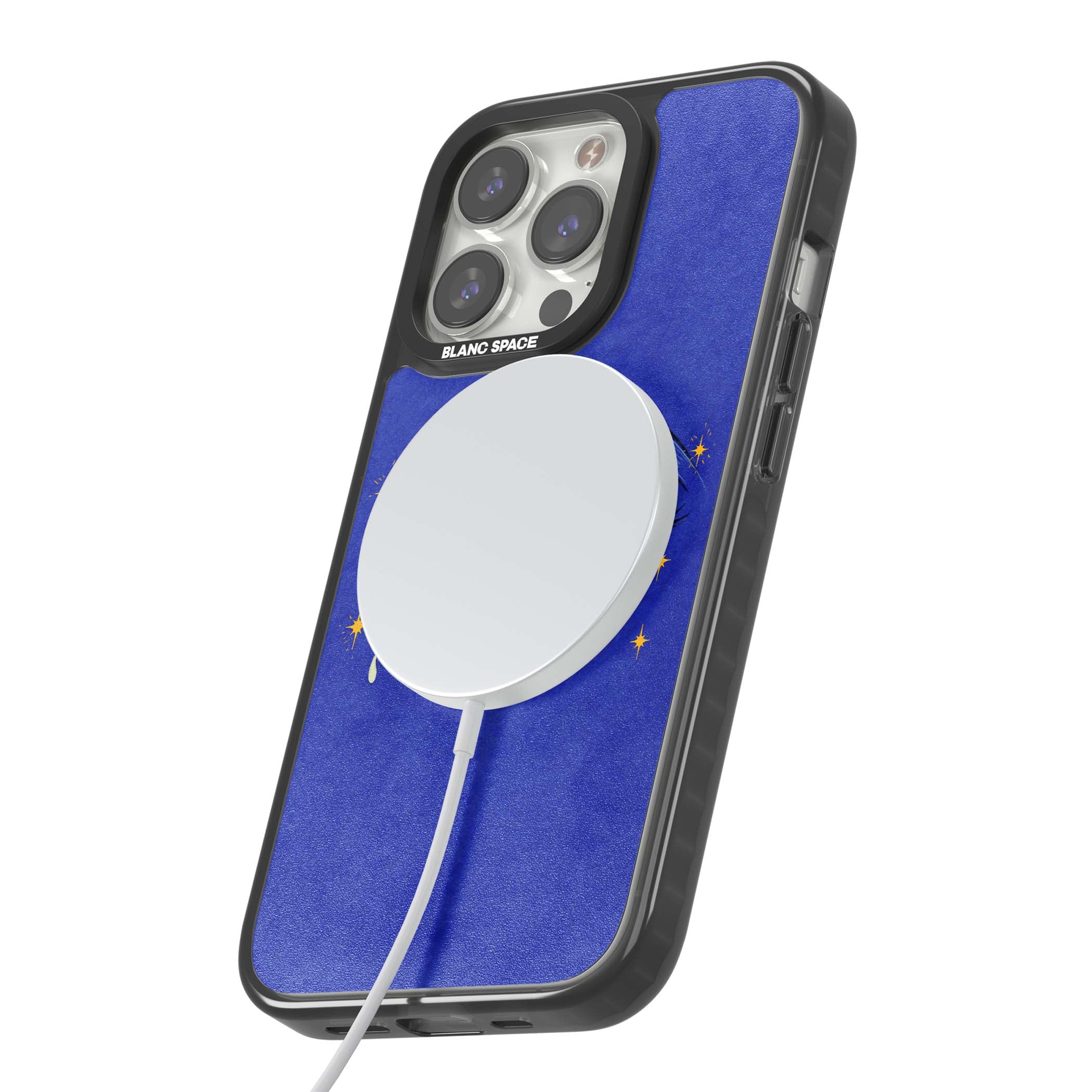 Blue Mystic Eyes celestial iPhone case featuring hand drawn blue mystical eyes, golden stars and a painted tear on indigo | Black Impact Magsafe case for iPhone 13 Pro, iPhone 14 Pro, iPhone 15 Pro