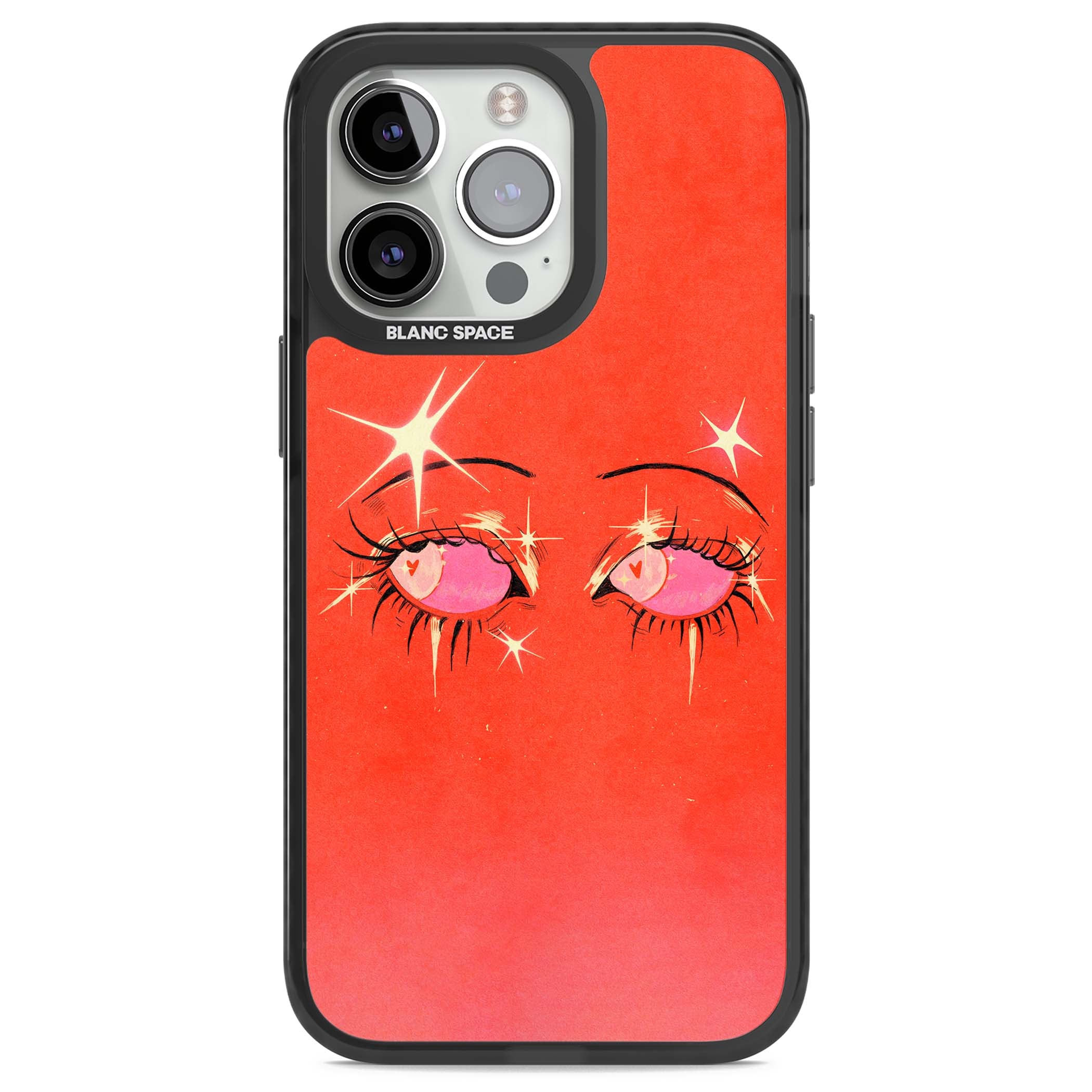 Pink Ethereal Eyes anime iPhone case featuring hand-drawn sparkly eyes with pink hearts and gold stars on red | Black Impact Magsafe case for iPhone 13 Pro, iPhone 14 Pro, iPhone 15 Pro