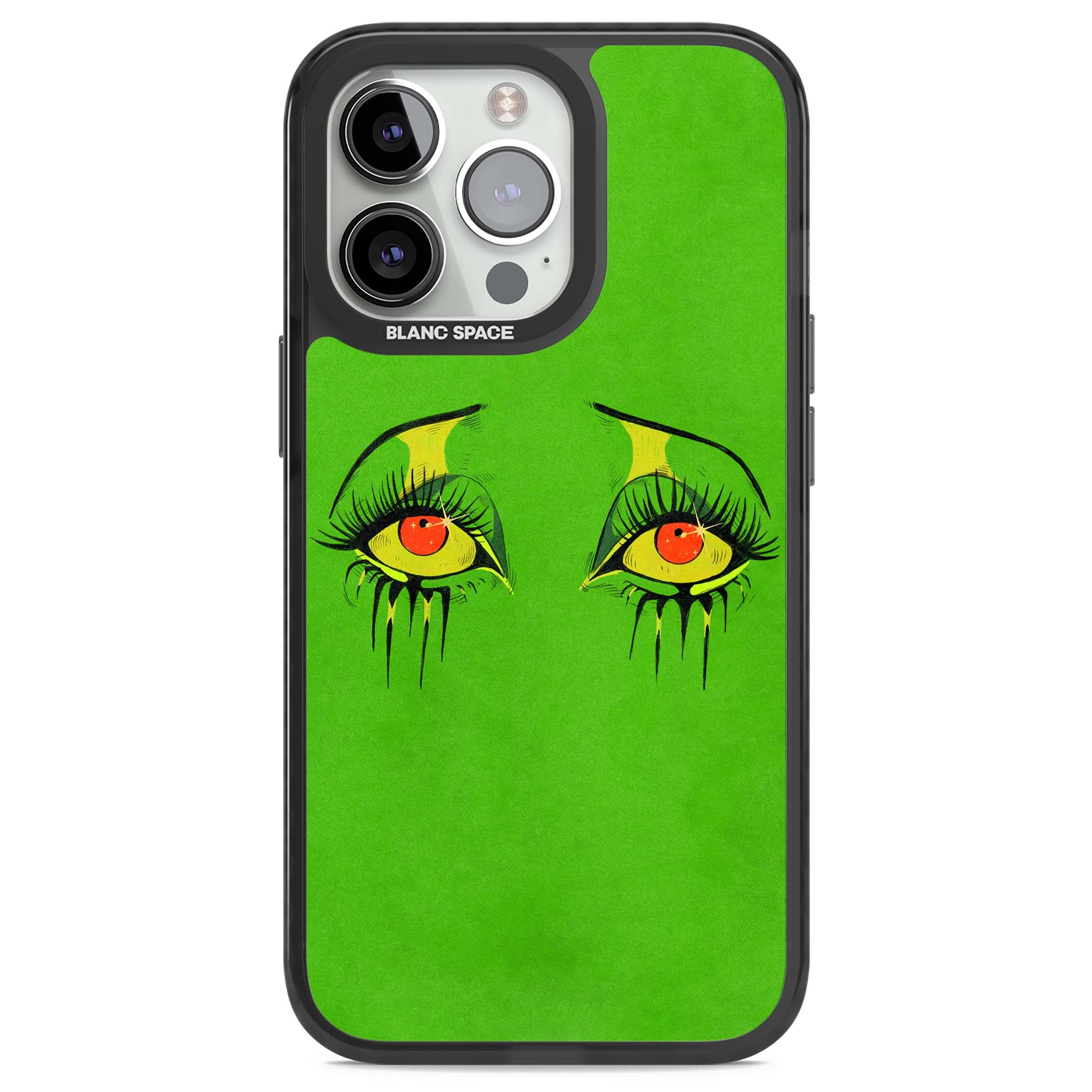Green Enchanted Eyes psychedelic art iPhone case featuring hand-drawn dripping eyes on neon green background | Black Impact Magsafe case for iPhone 13 Pro, iPhone 14 Pro, iPhone 15 Pro