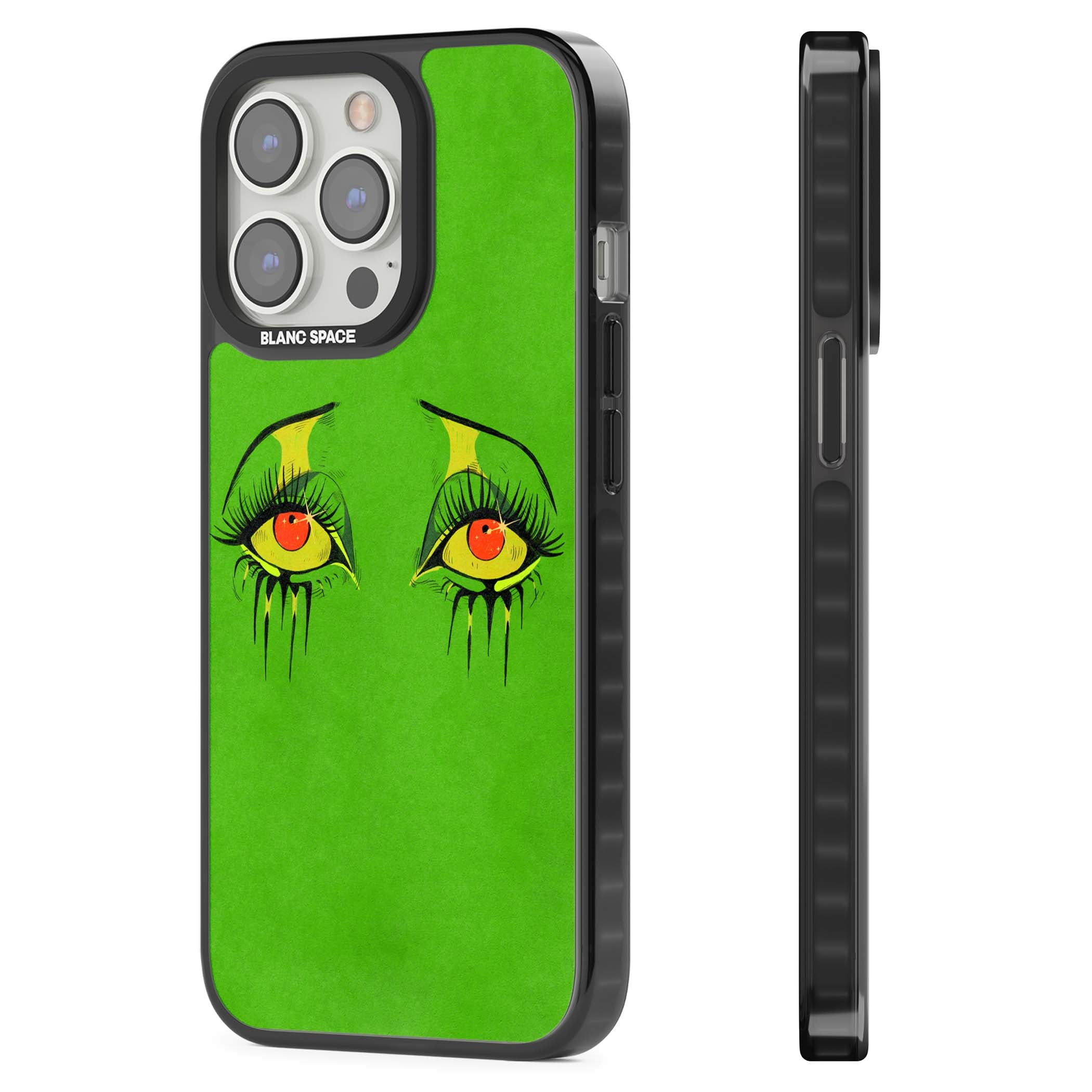Green Enchanted Eyes psychedelic art iPhone case featuring hand-drawn dripping eyes on neon green background | Black Impact Magsafe case for iPhone 13 Pro, iPhone 14 Pro, iPhone 15 Pro