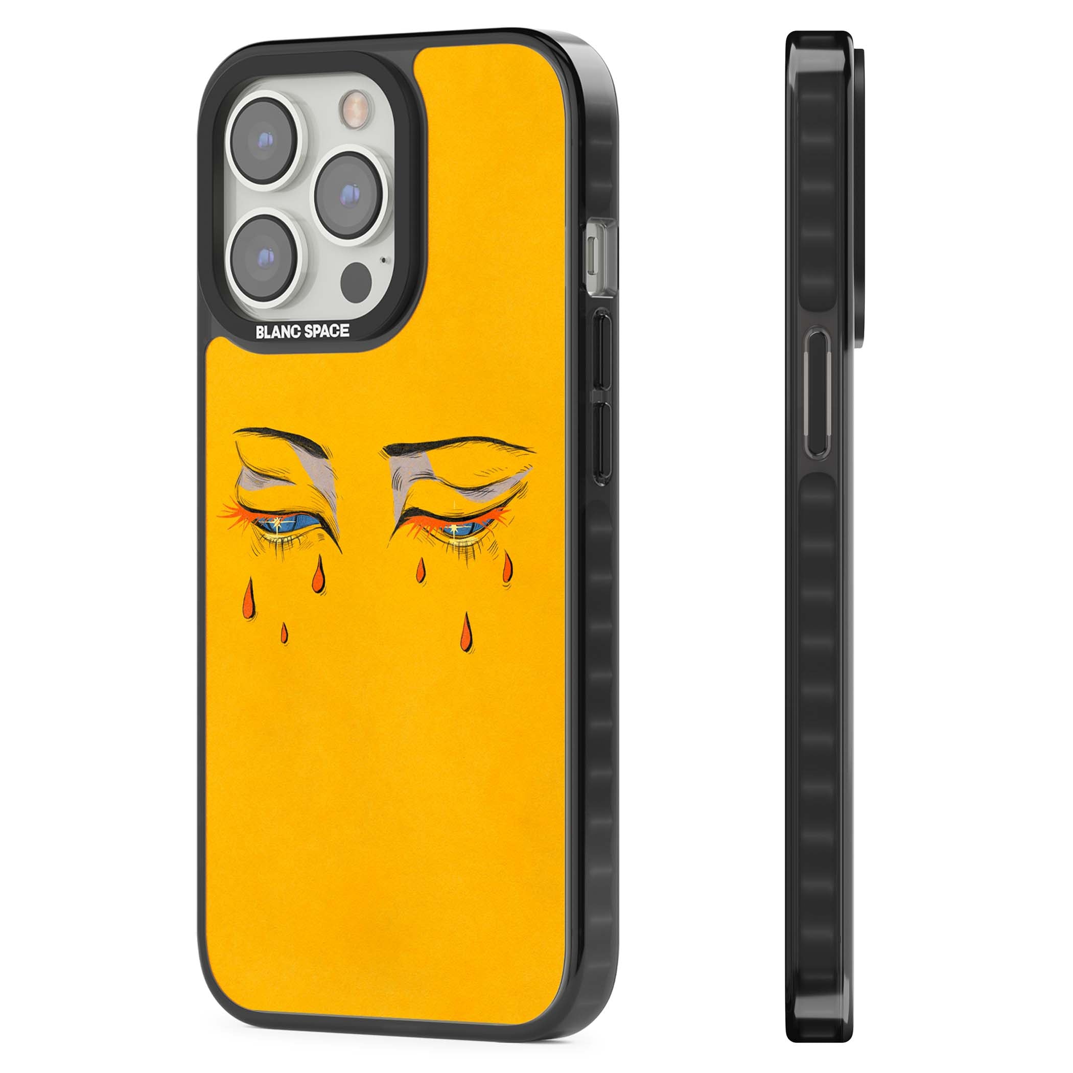 Yellow Tearful Eyes indie iPhone case featuring hand-drawn crying eyes with orange tears on a yellow background | Black Impact Magsafe case for iPhone 13 Pro, iPhone 14 Pro, iPhone 15 Pro