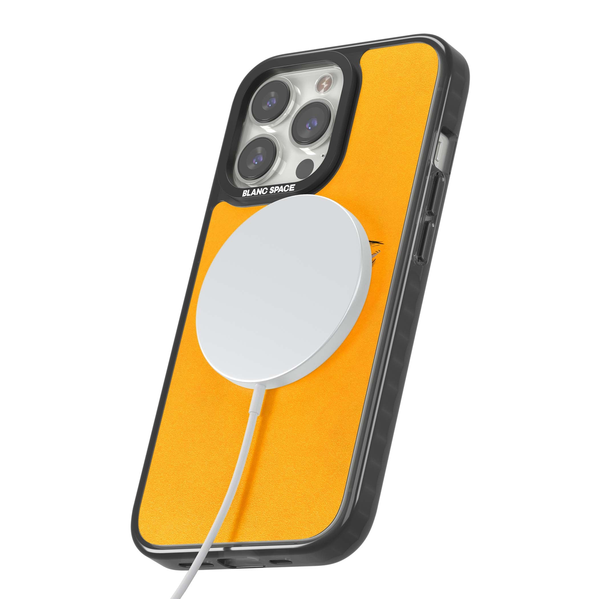 Yellow Tearful Eyes indie iPhone case featuring hand-drawn crying eyes with orange tears on a yellow background | Black Impact Magsafe case for iPhone 13 Pro, iPhone 14 Pro, iPhone 15 Pro