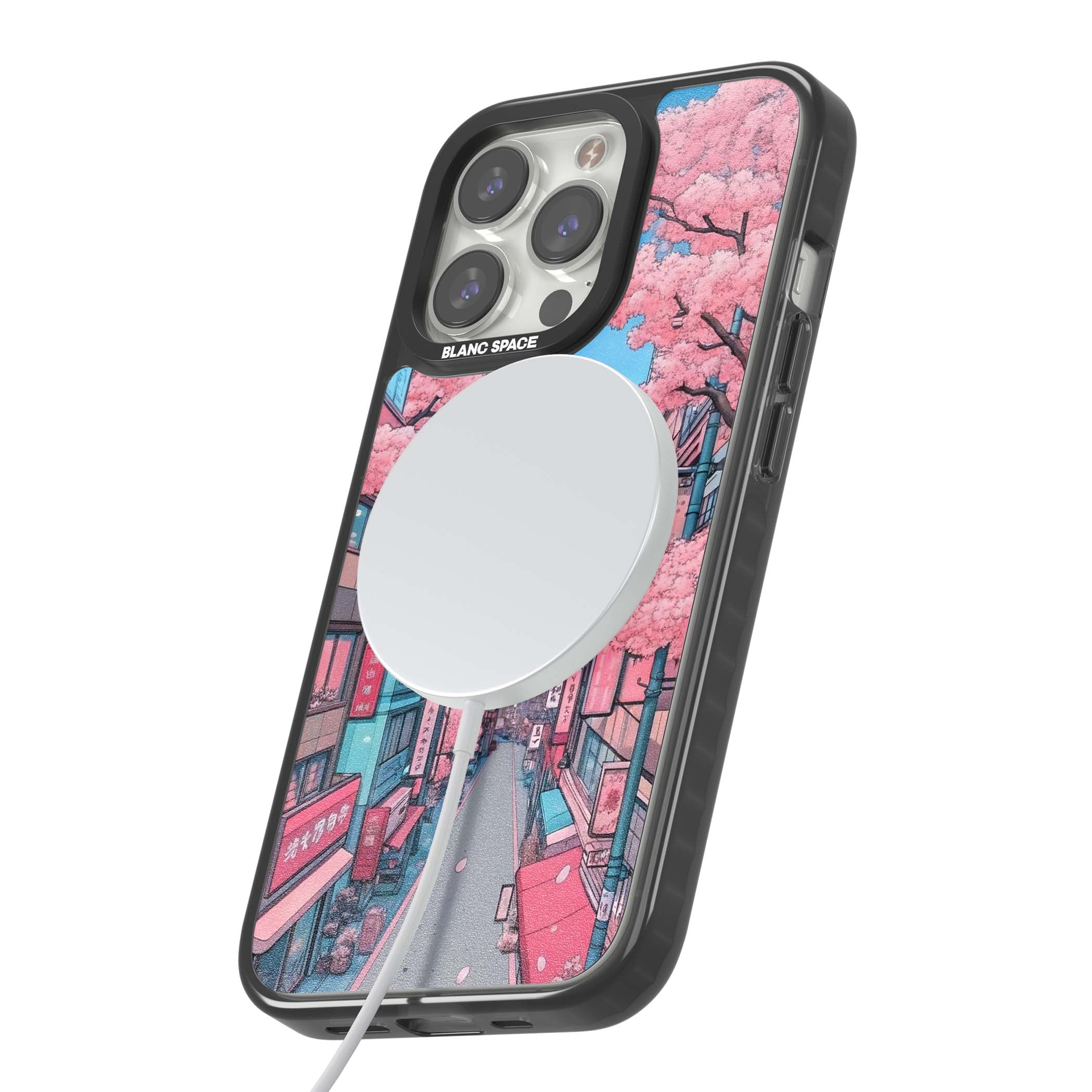 Sakura Lane anime iPhone case featuring Tokyo street scene with cherry blossoms and Mount Fuji | Black Impact Magsafe case for iPhone 13 Pro, iPhone 14 Pro, iPhone 15 Pro