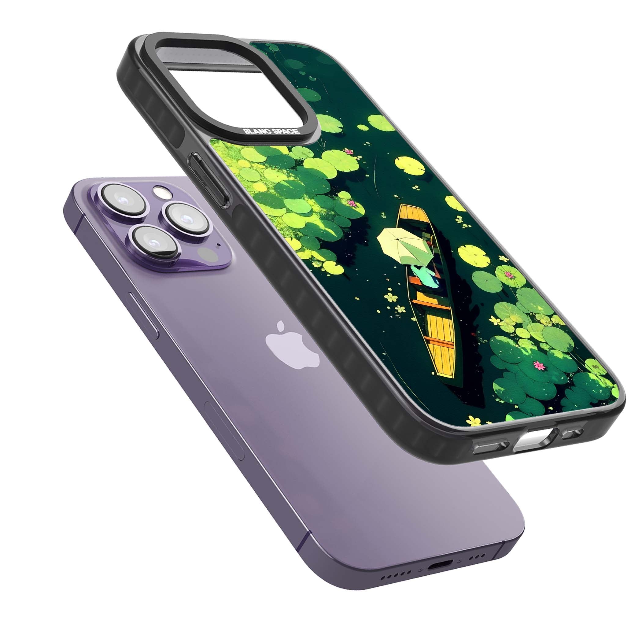 Jade Waters cottagecore iPhone case featuring a painted lily pond, wooden boat with parasol and floating water lilies | Black Impact Magsafe case for iPhone 13 Pro, iPhone 14 Pro, iPhone 15 Pro