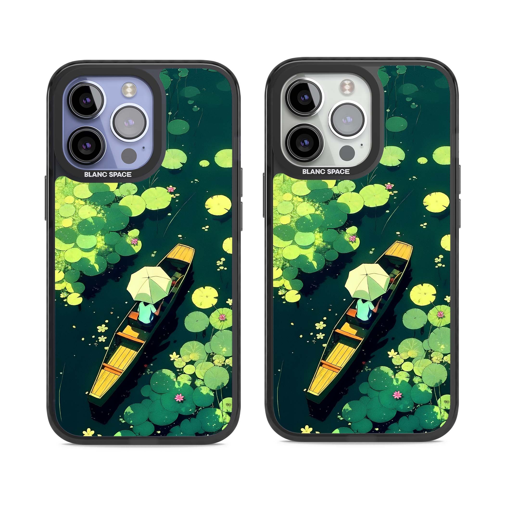 Jade Waters cottagecore iPhone case featuring a painted lily pond, wooden boat with parasol and floating water lilies | Black Impact Magsafe case for iPhone 13 Pro, iPhone 14 Pro, iPhone 15 Pro