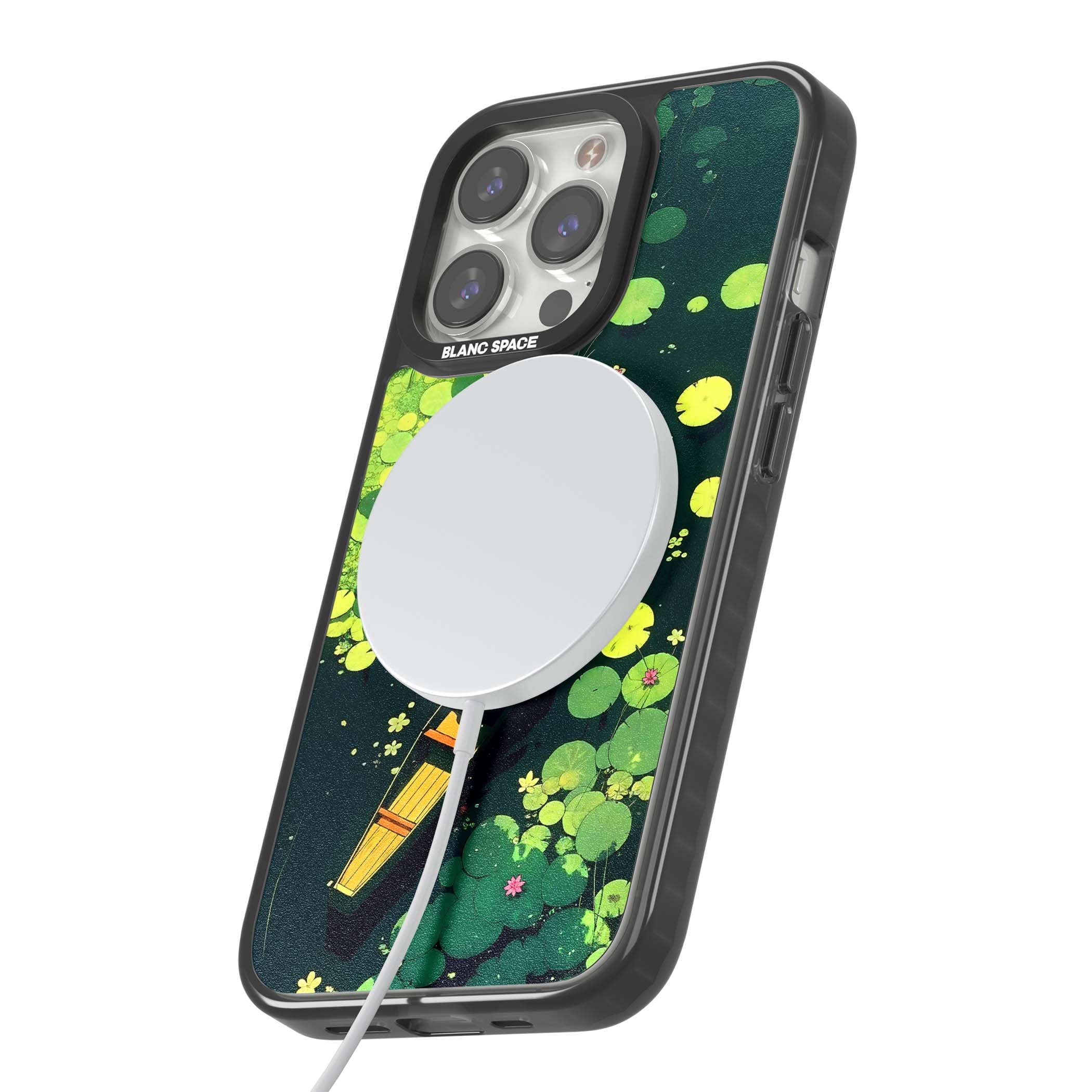 Jade Waters cottagecore iPhone case featuring a painted lily pond, wooden boat with parasol and floating water lilies | Black Impact Magsafe case for iPhone 13 Pro, iPhone 14 Pro, iPhone 15 Pro