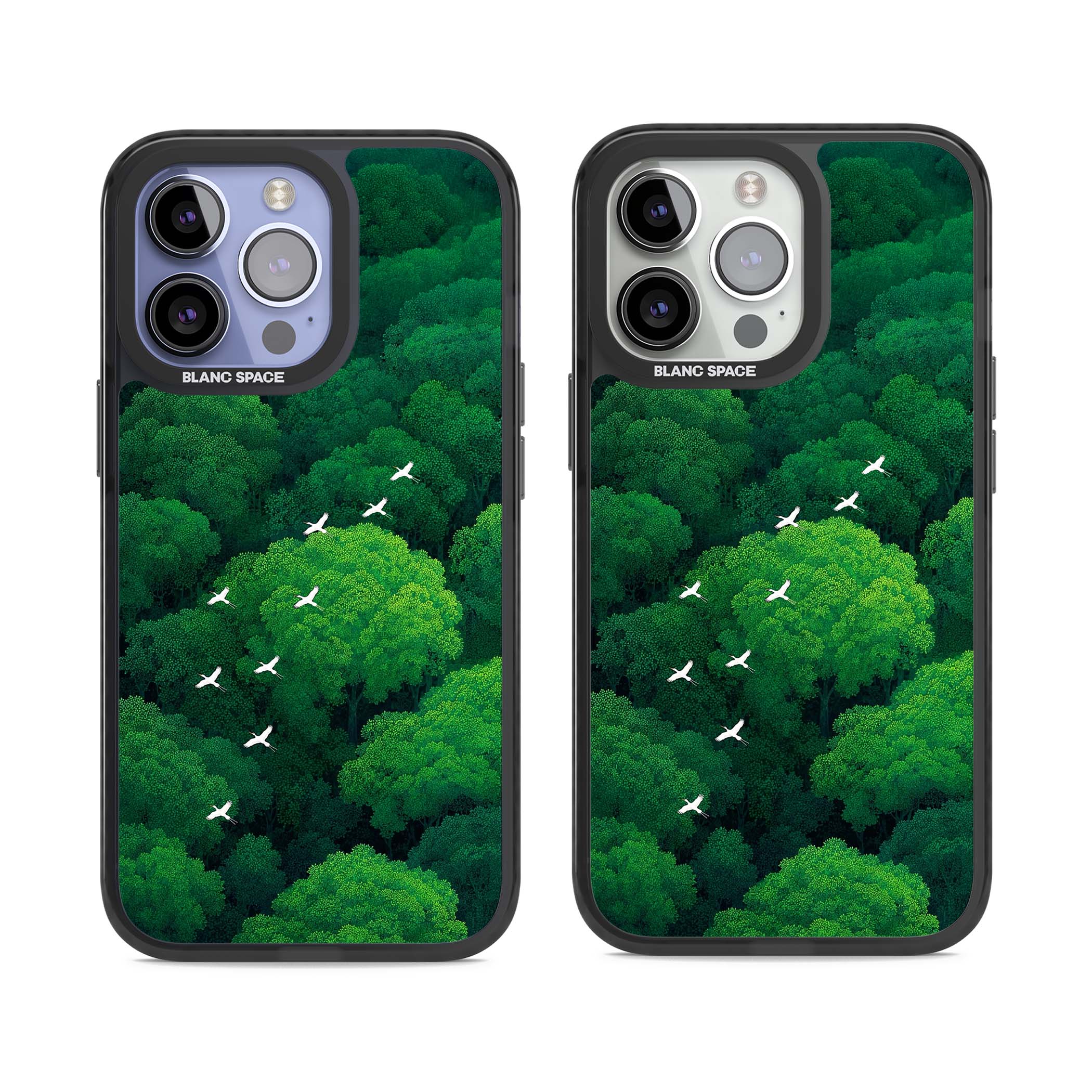 Grove Migration forest iPhone case featuring white cranes flying over lush green treetop canopy | Black Impact Magsafe case for iPhone 13 Pro, iPhone 14 Pro, iPhone 15 Pro