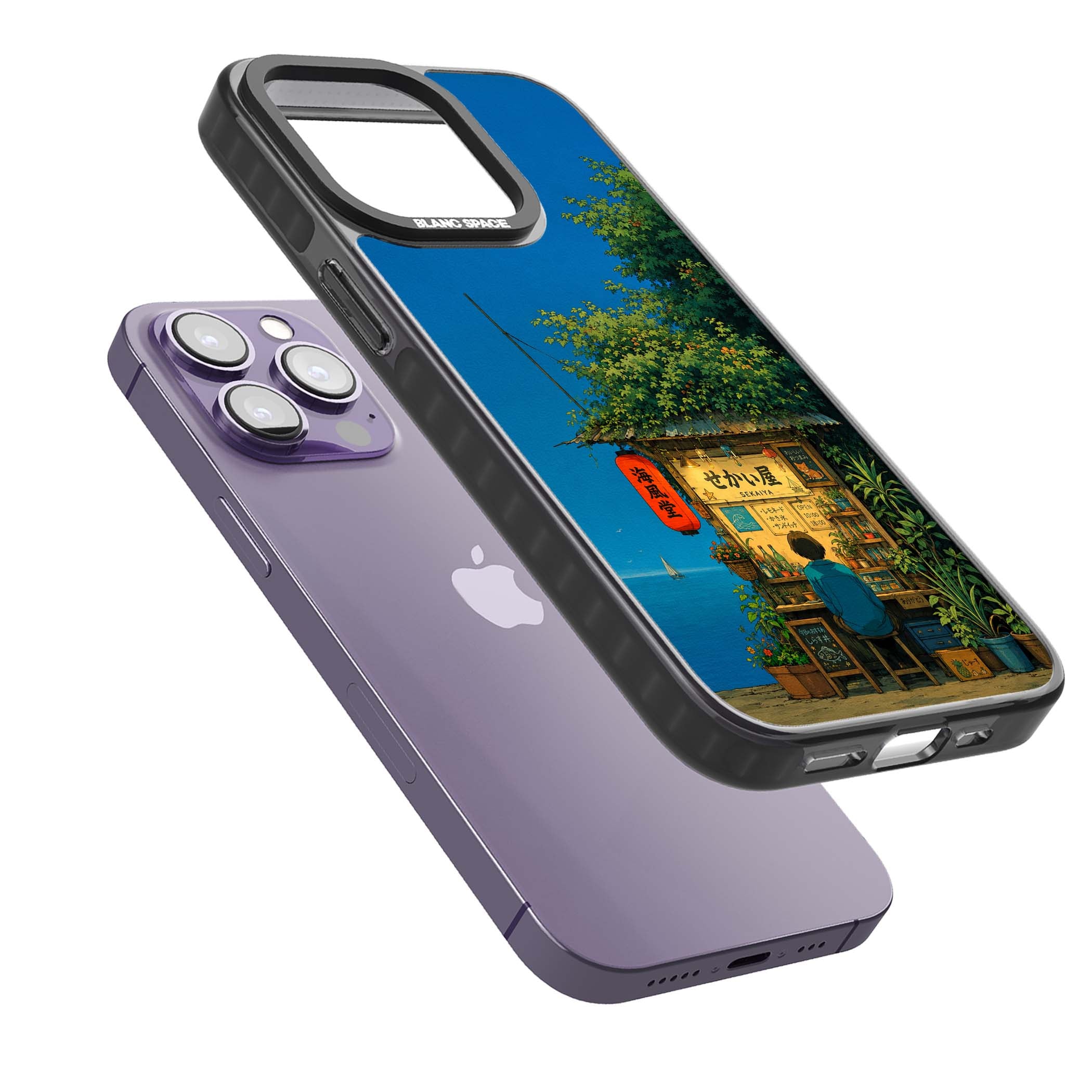 The Shirahama Kiosk anime iPhone case featuring a Japanese seaside shop, red paper lantern and ocean view | Black Impact Magsafe case for iPhone 13 Pro, iPhone 14 Pro, iPhone 15 Pro