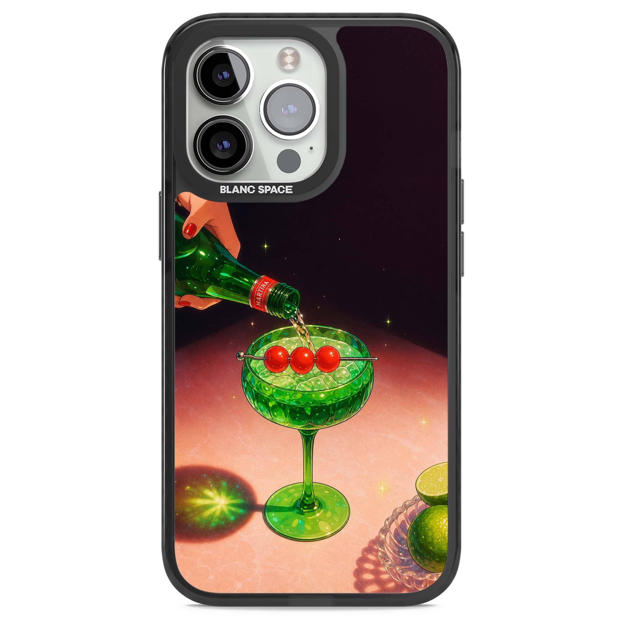 Absinthe Hour cocktail iPhone case featuring a green coupe glass, cherry garnish and vintage bottle pour illustration | Black Impact Magsafe case for iPhone 13 Pro, iPhone 14 Pro, iPhone 15 Pro