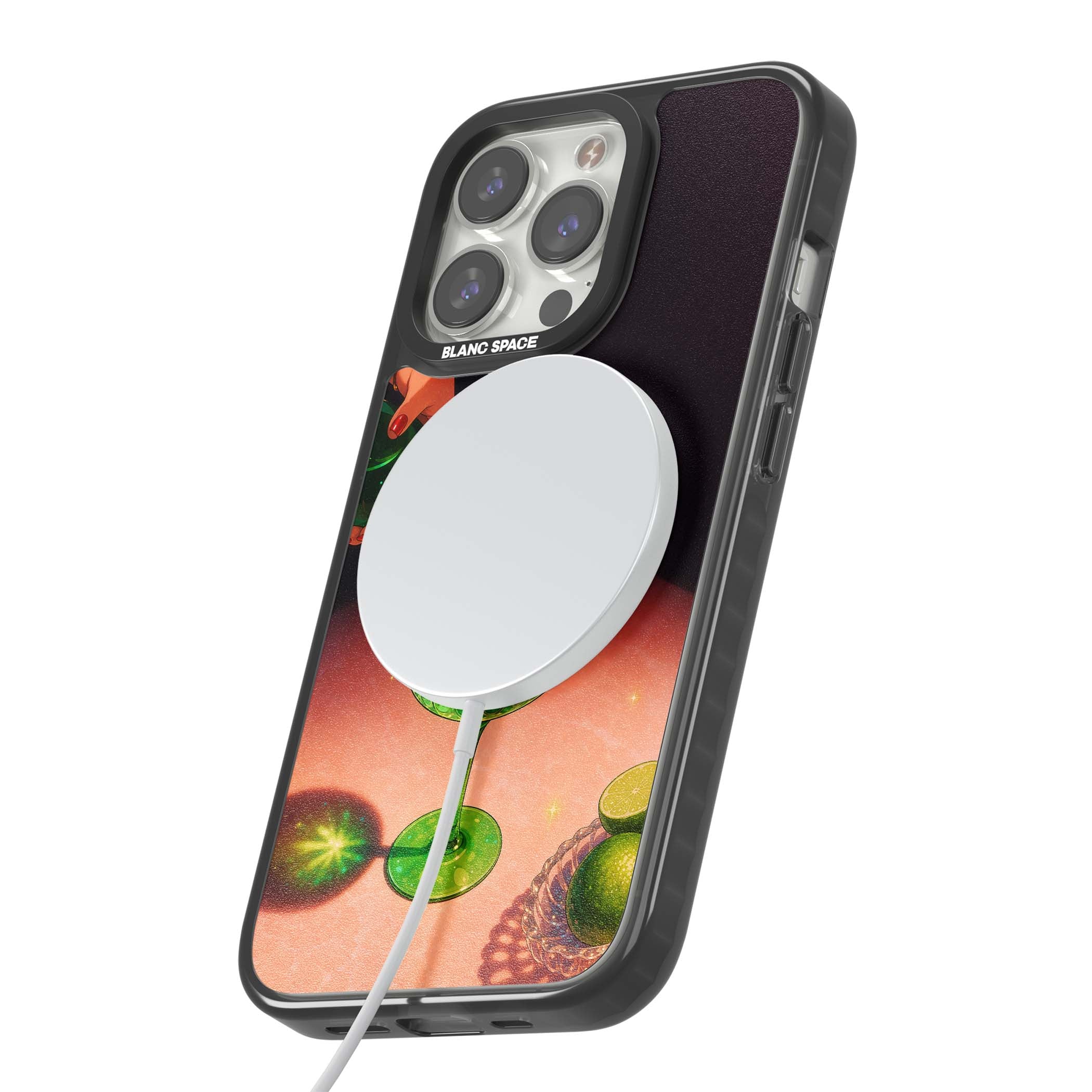 Absinthe Hour cocktail iPhone case featuring a green coupe glass, cherry garnish and vintage bottle pour illustration | Black Impact Magsafe case for iPhone 13 Pro, iPhone 14 Pro, iPhone 15 Pro
