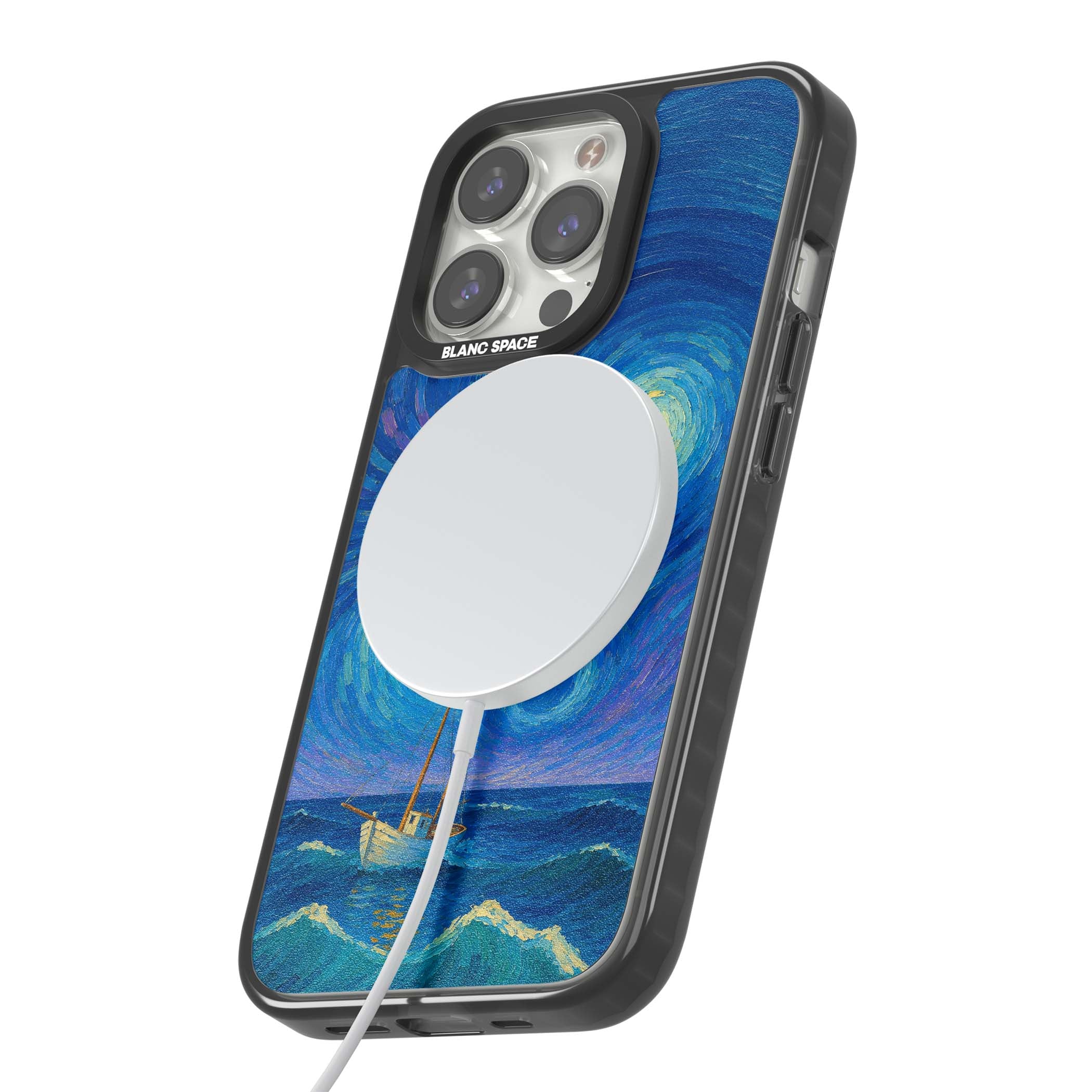Moonlit Tide Van Gogh art iPhone case featuring swirling starry night sky, glowing moon and lone sailing boat at sea | Black Impact Magsafe case for iPhone 13 Pro, iPhone 14 Pro, iPhone 15 Pro