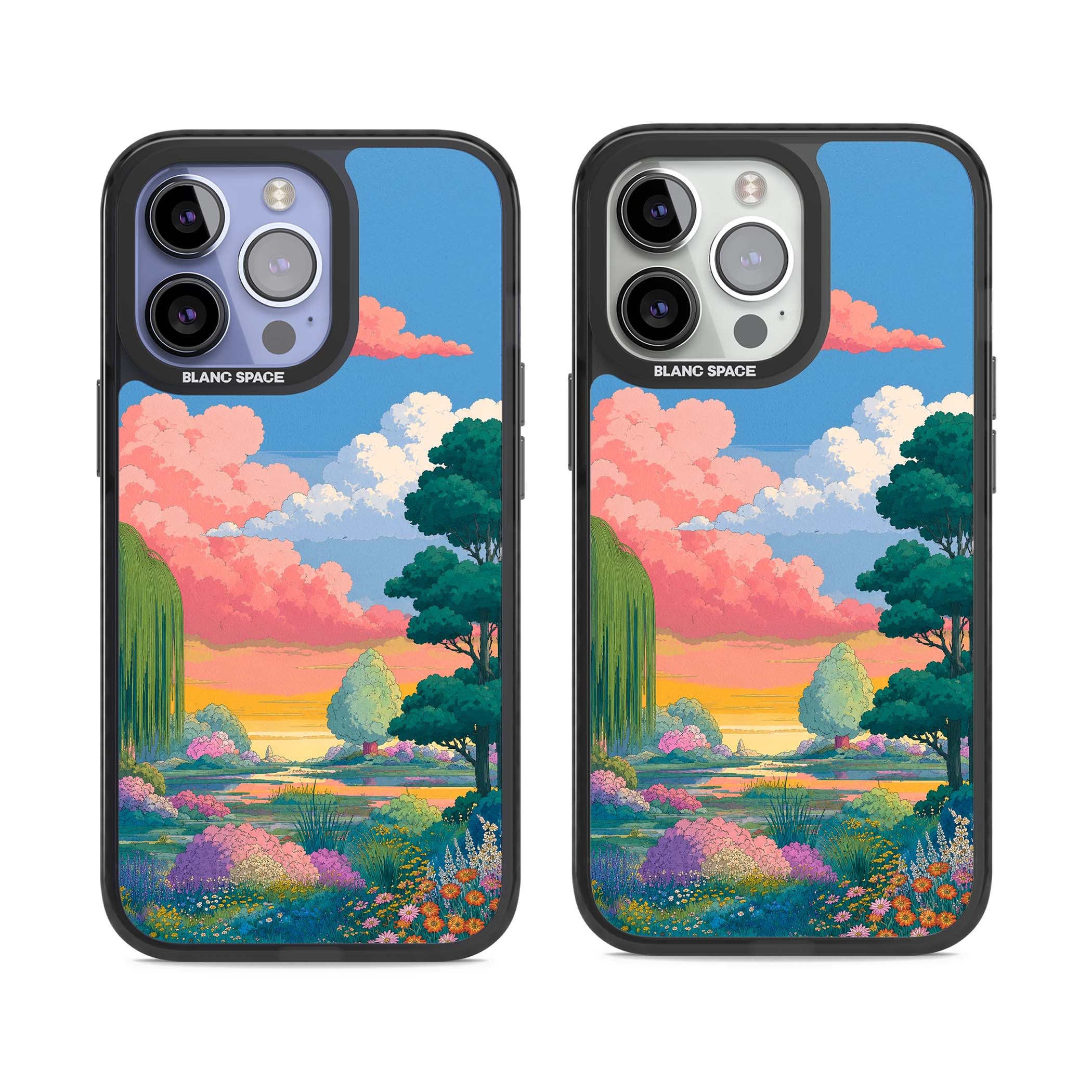 Dream Valley anime landscape iPhone case featuring pink sunset clouds, willow trees and wildflowers | Black Impact Magsafe case for iPhone 13 Pro, iPhone 14 Pro, iPhone 15 Pro