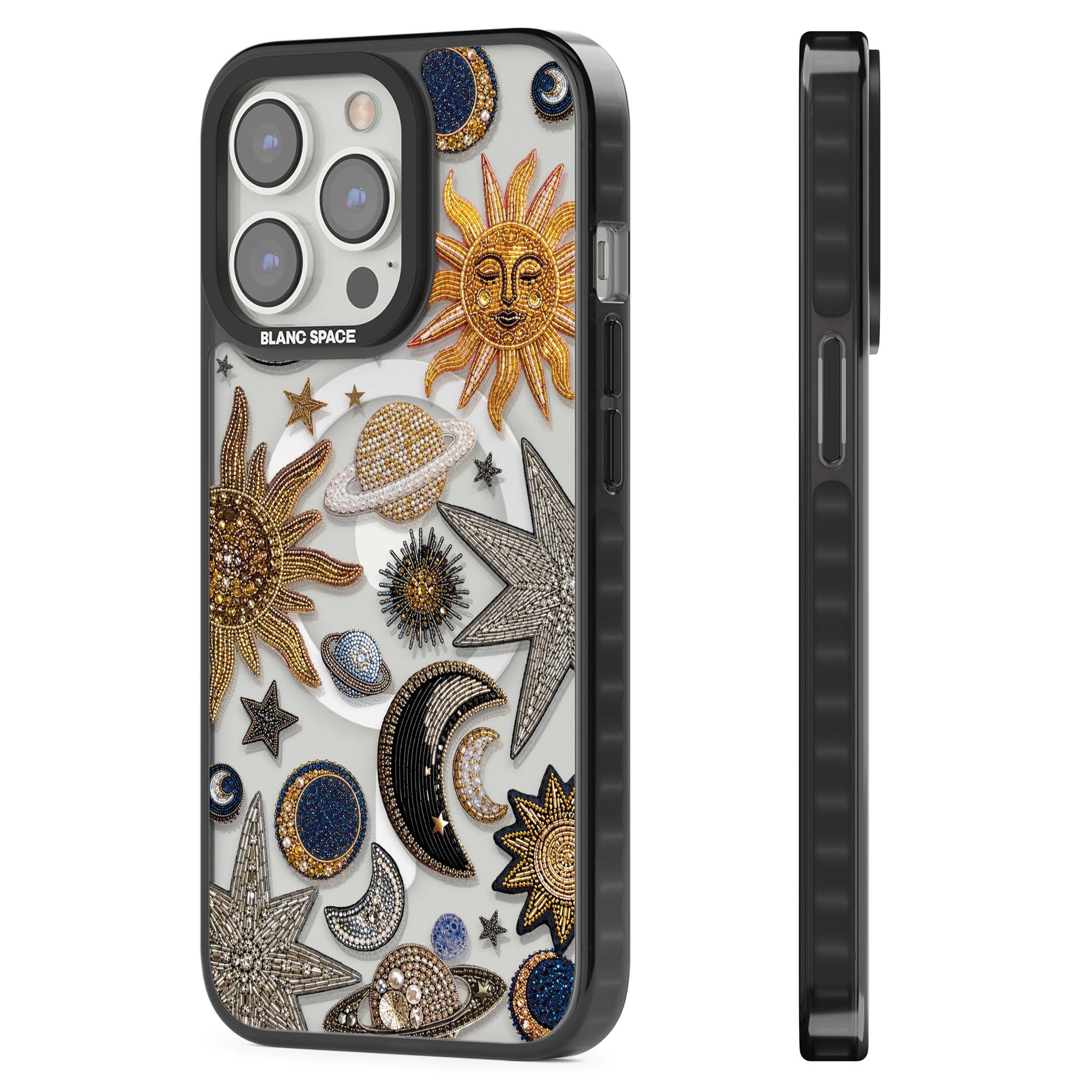 Beaded Cosmos celestial iPhone case featuring embroidered golden suns, beaded planets and silver shooting stars | Black Impact Magsafe case for iPhone 13 Pro, iPhone 14 Pro, iPhone 15 Pro