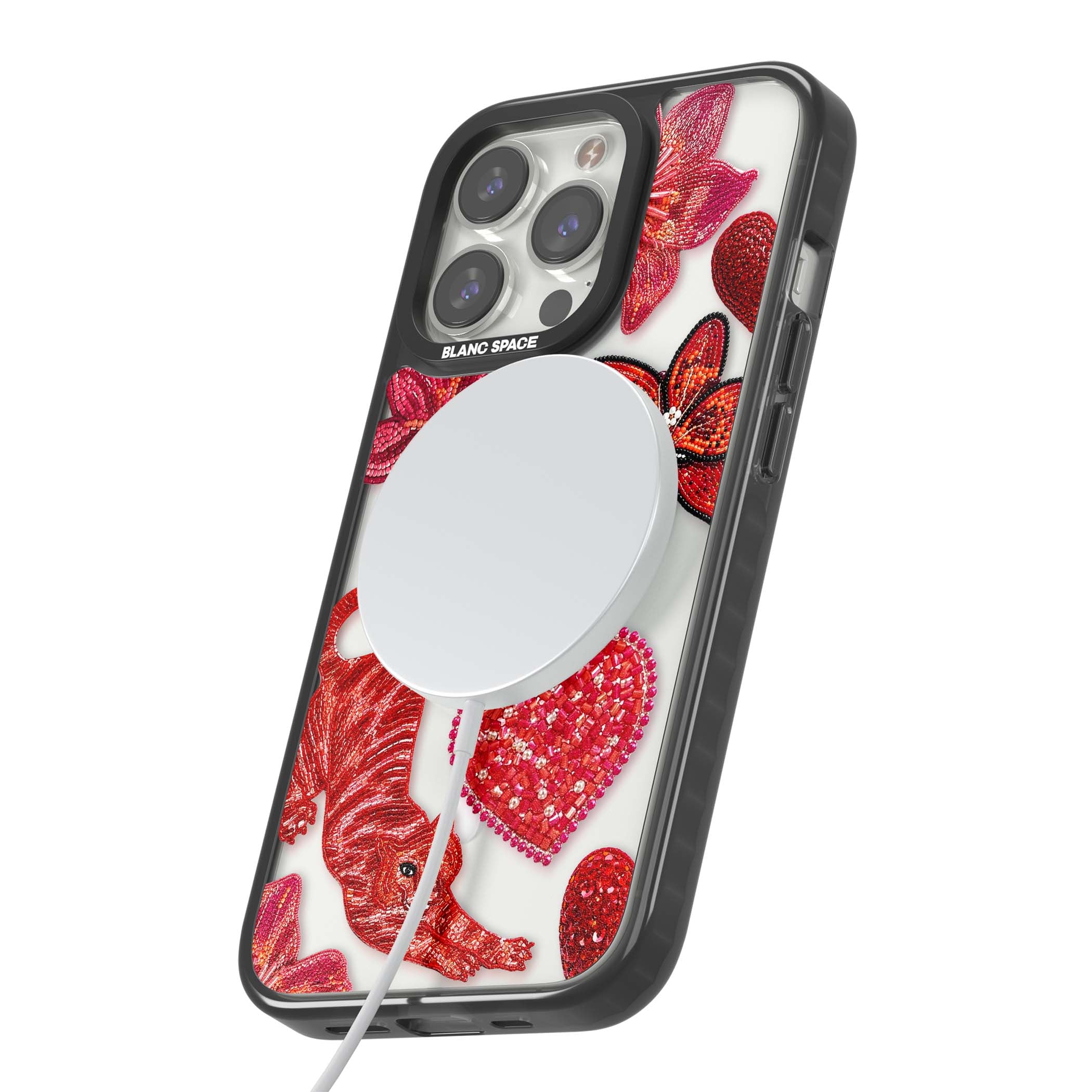 Beaded Boho floral iPhone case featuring beaded red lilies, a stitched tiger, and pearl-encrusted hearts on clear | Black Impact Magsafe case for iPhone 13 Pro, iPhone 14 Pro, iPhone 15 Pro