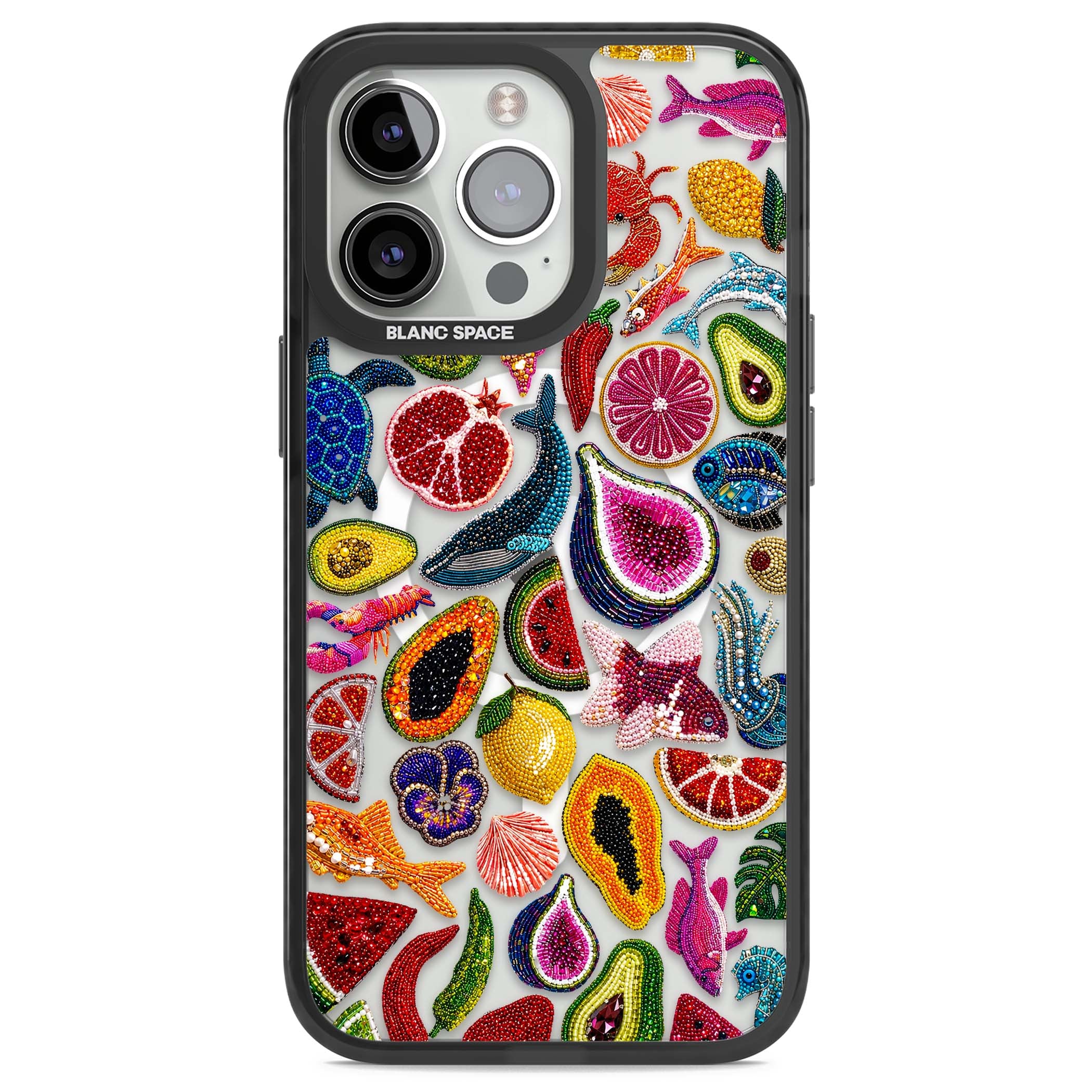 Beaded Tropic tropical iPhone case featuring beaded fruit, fish, crabs and seashells in vibrant colour | Black Impact Magsafe case for iPhone 13 Pro, iPhone 14 Pro, iPhone 15 Pro