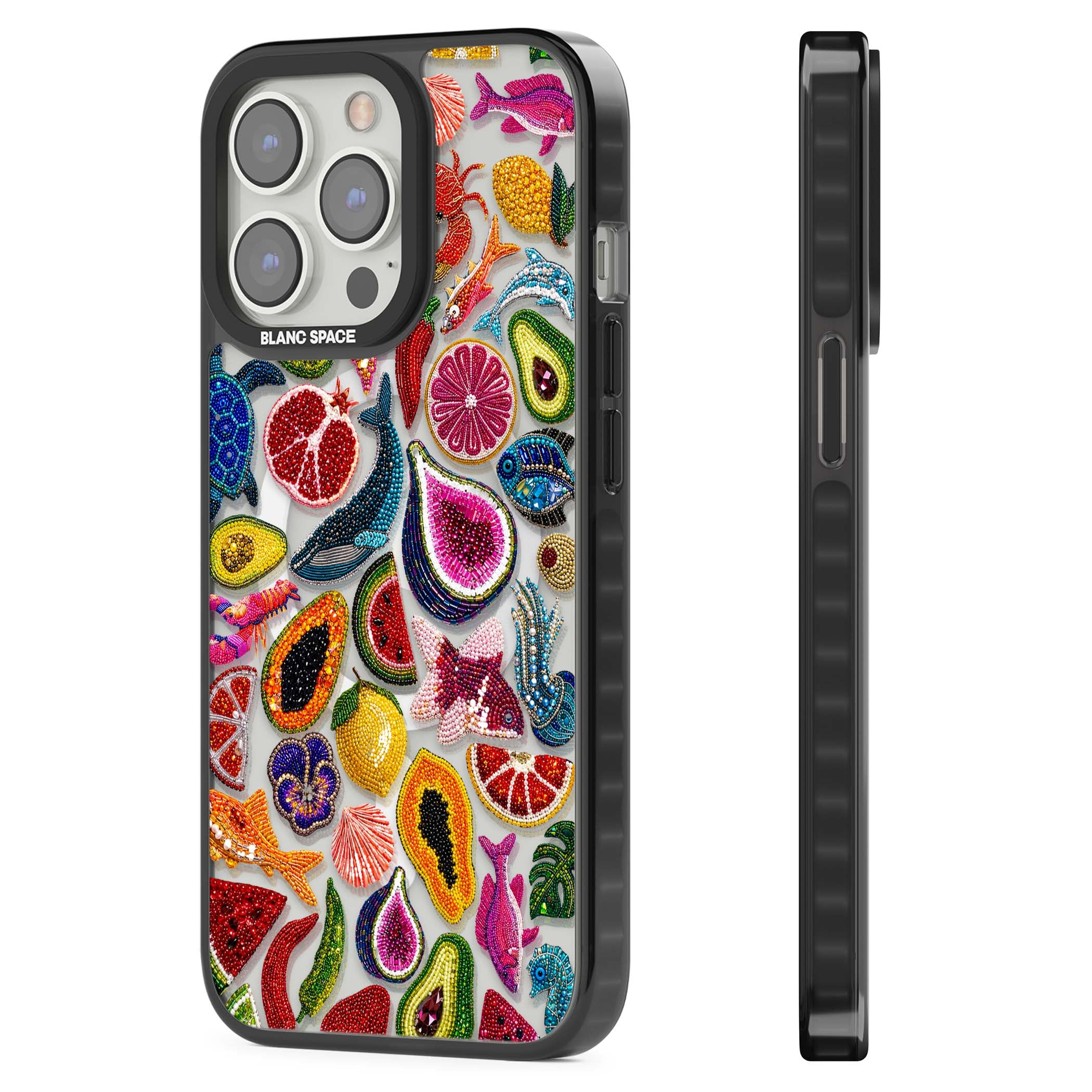Beaded Tropic tropical iPhone case featuring beaded fruit, fish, crabs and seashells in vibrant colour | Black Impact Magsafe case for iPhone 13 Pro, iPhone 14 Pro, iPhone 15 Pro