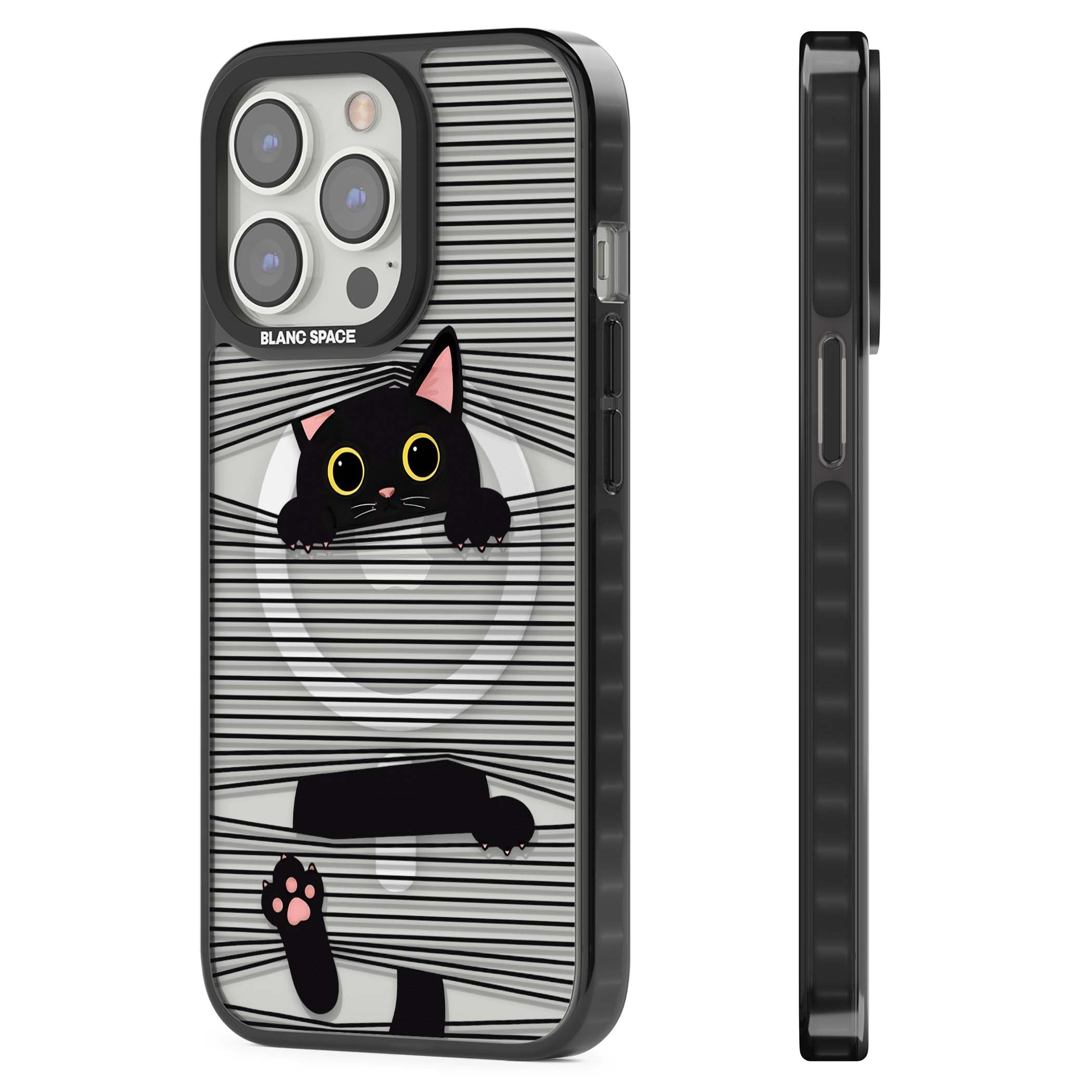 Peek-a-Boo Cat minimal iPhone case featuring black cat peeking through horizontal black and white stripes | Black Impact Magsafe case for iPhone 13 Pro, iPhone 14 Pro, iPhone 15 Pro