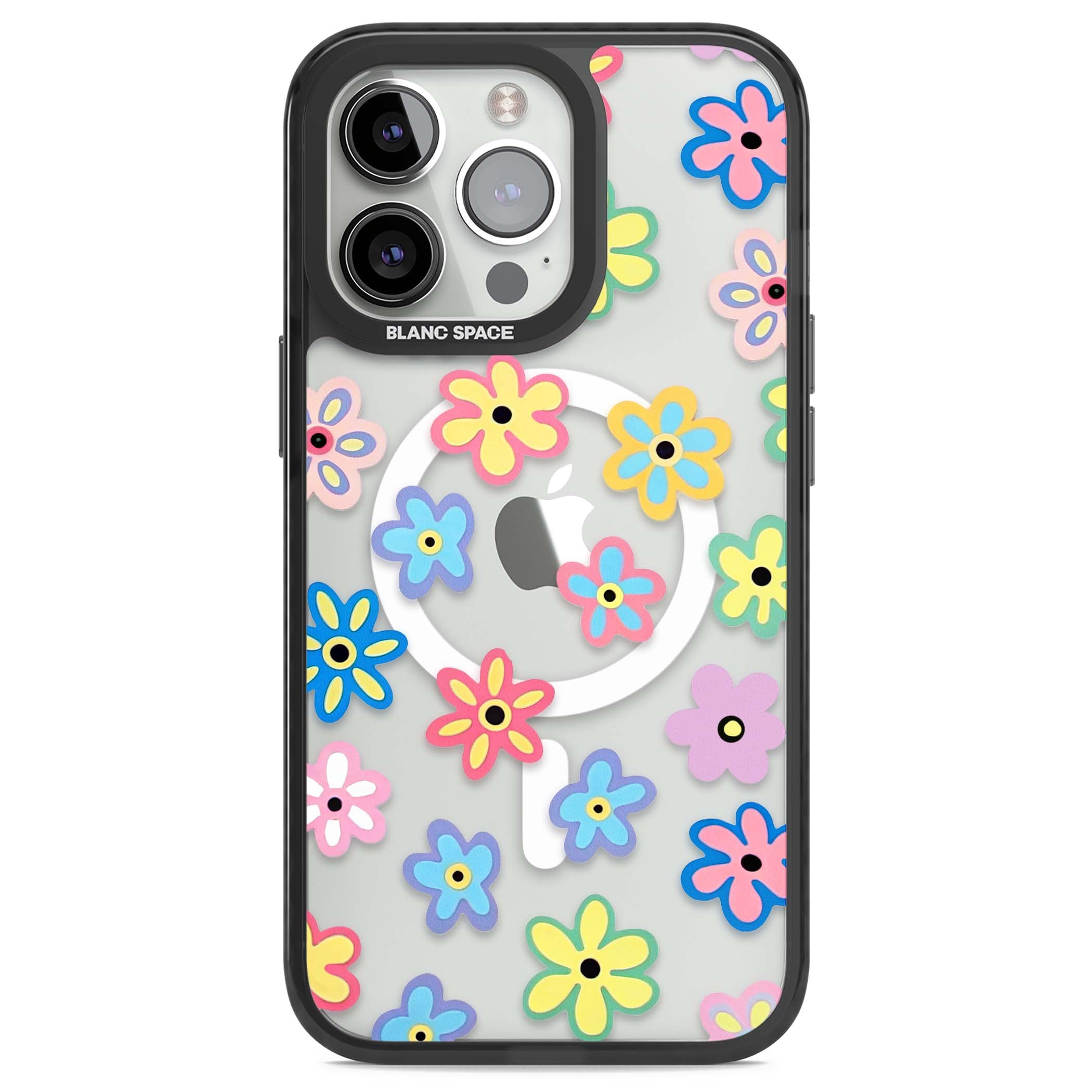 Bloom Pop cottagecore iPhone case featuring multicolor pastel flowers with black centers on clear background | Black Impact Magsafe case for iPhone 13 Pro, iPhone 14 Pro, iPhone 15 Pro