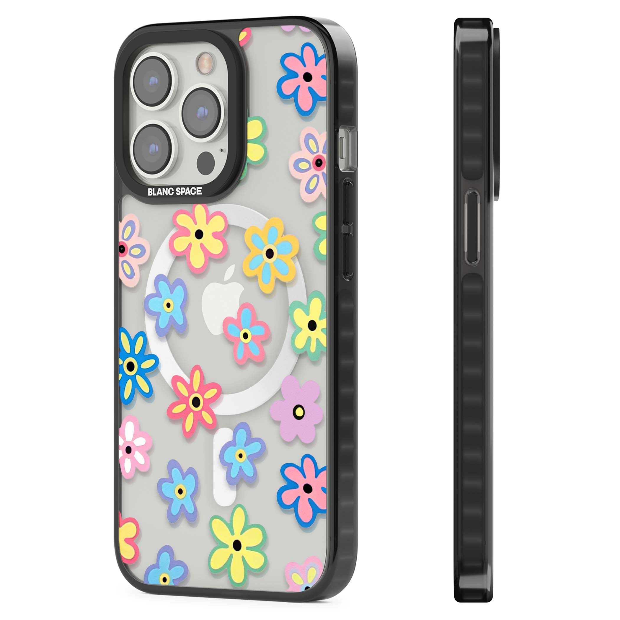 Bloom Pop cottagecore iPhone case featuring multicolor pastel flowers with black centers on clear background | Black Impact Magsafe case for iPhone 13 Pro, iPhone 14 Pro, iPhone 15 Pro