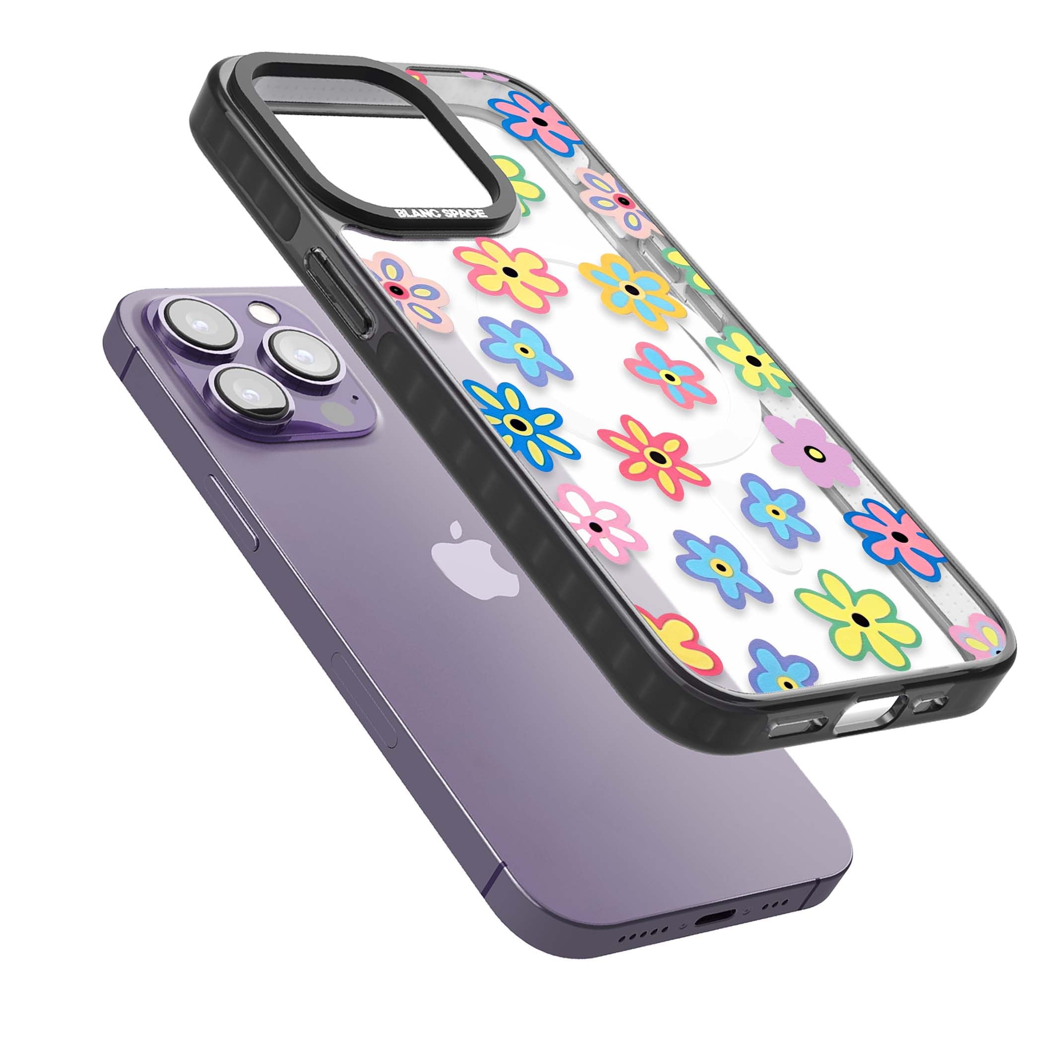 Bloom Pop cottagecore iPhone case featuring multicolor pastel flowers with black centers on clear background | Black Impact Magsafe case for iPhone 13 Pro, iPhone 14 Pro, iPhone 15 Pro