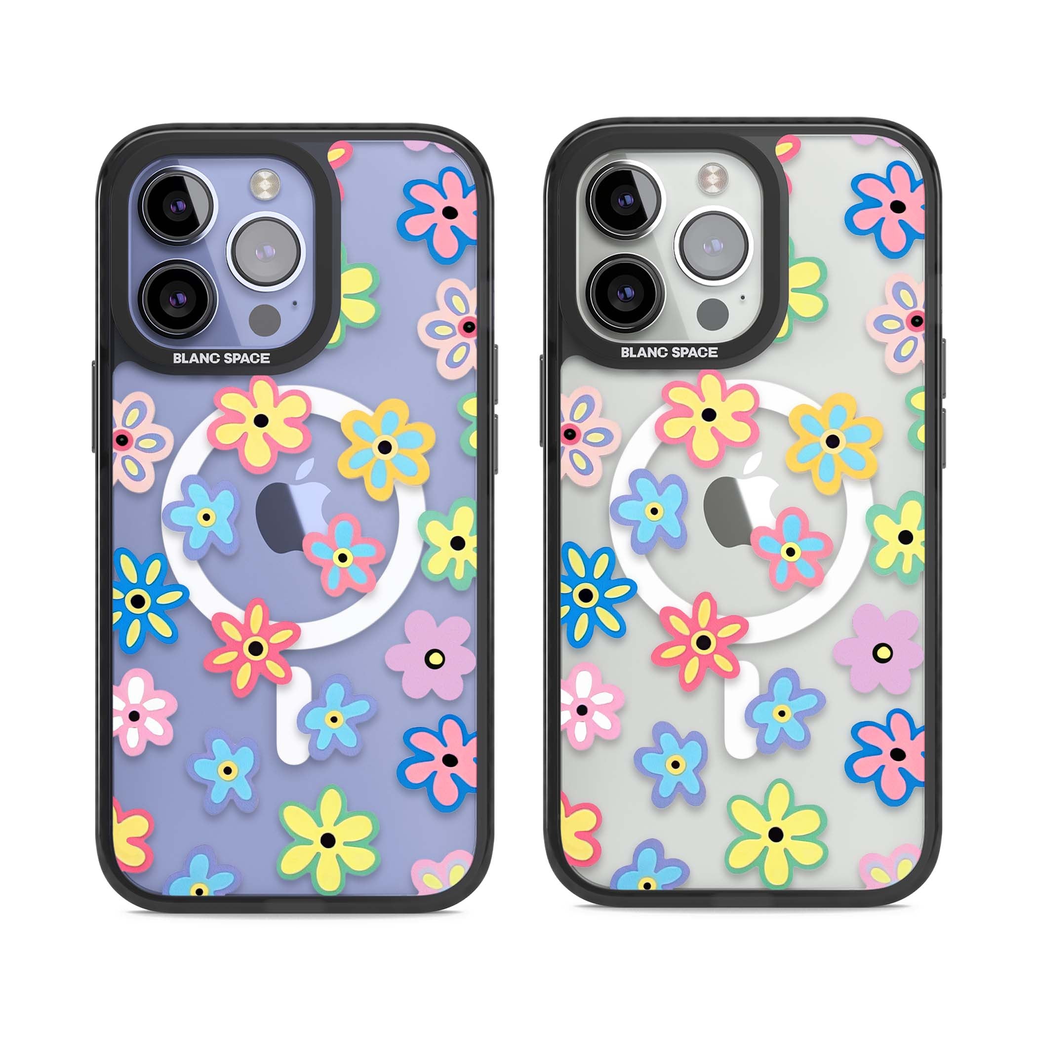 Bloom Pop cottagecore iPhone case featuring multicolor pastel flowers with black centers on clear background | Black Impact Magsafe case for iPhone 13 Pro, iPhone 14 Pro, iPhone 15 Pro