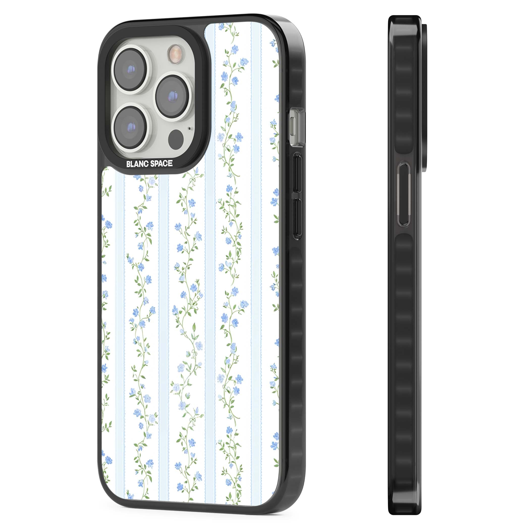 Bluebell Vine cottagecore iPhone case featuring climbing blue roses, trailing green vines, and pale ticking stripes | Black Impact Magsafe case for iPhone 13 Pro, iPhone 14 Pro, iPhone 15 Pro