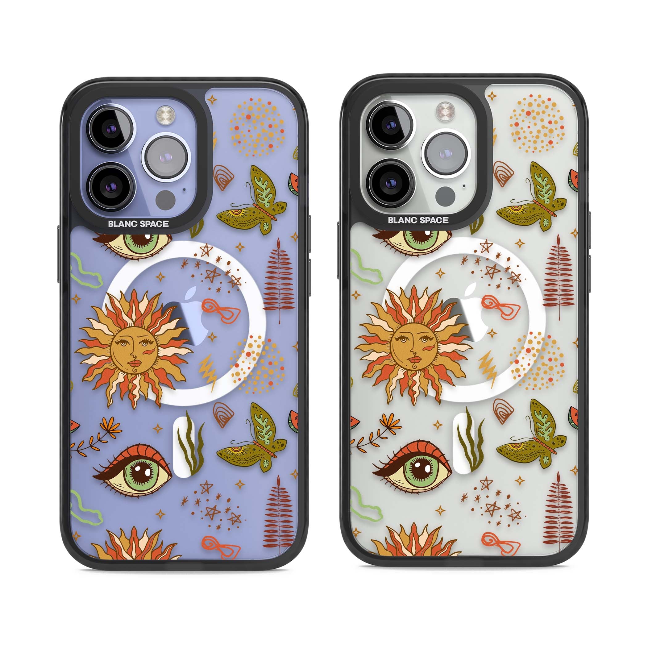 Elevate Your Phone'S Style With This Boho Celestial Sun & Eye Phone Case, Featuring A Mystical Blend Of Suns, All-Seeing Eyes, Butterflies, Stars, And