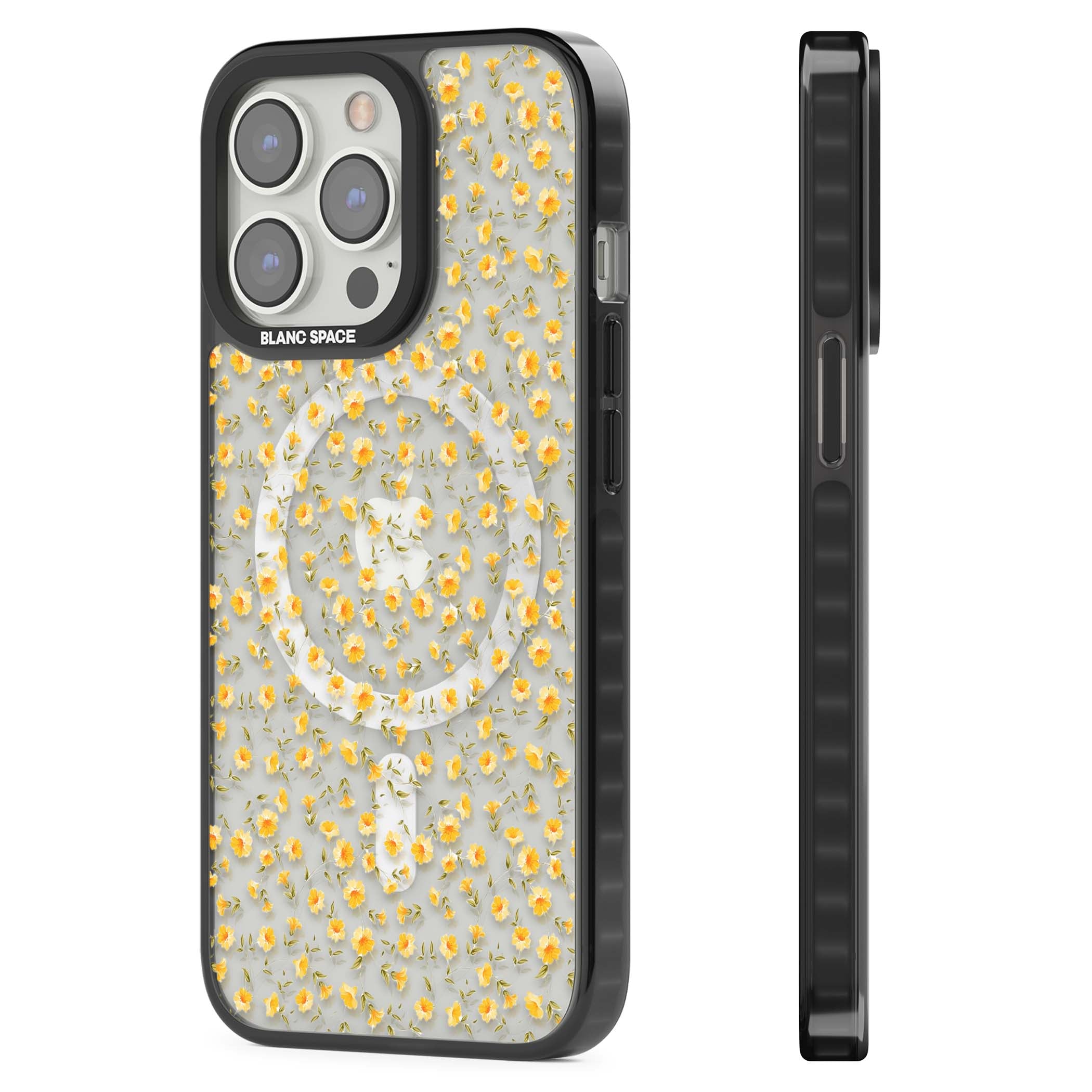 Buttercup wildflower iPhone case featuring tiny yellow flowers and trailing green vines on clear | Black Impact Magsafe case for iPhone 13 Pro, iPhone 14 Pro, iPhone 15 Pro