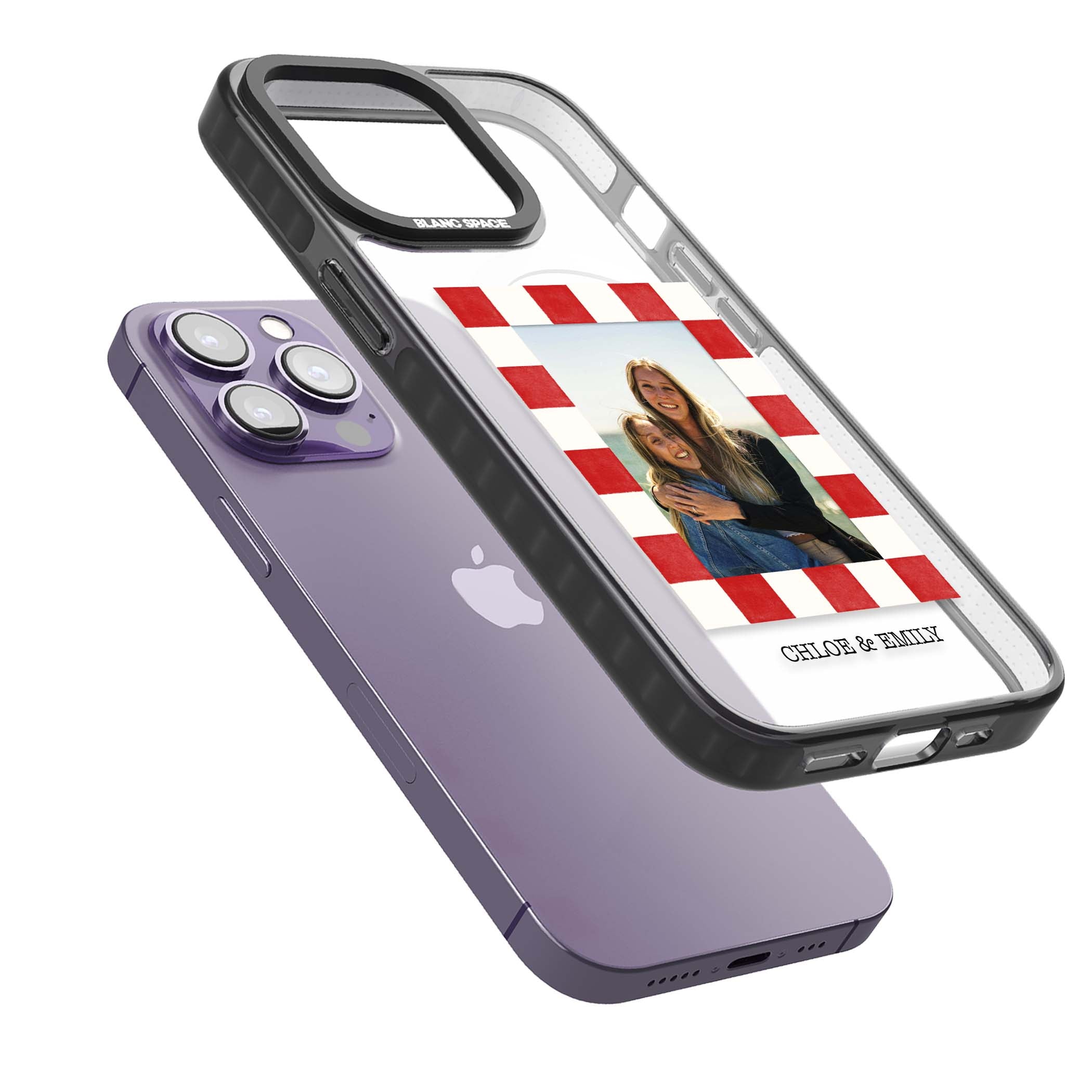 Red Check Photo personalised photo iPhone case with red and white checkered polaroid frame and custom couple name | Black Impact Magsafe case for iPhone 13 Pro, iPhone 14 Pro, iPhone 15 Pro