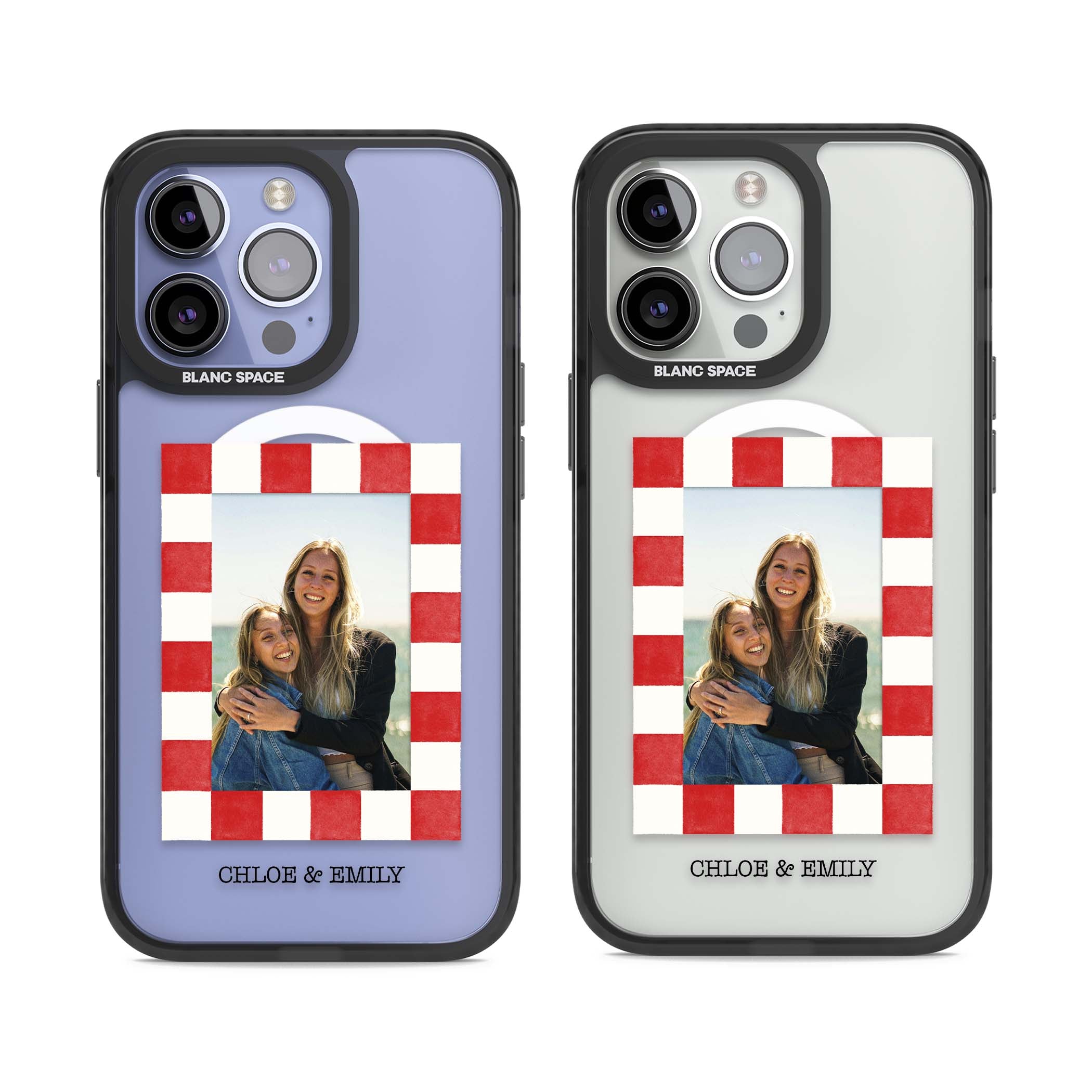 Red Check Photo personalised photo iPhone case with red and white checkered polaroid frame and custom couple name | Black Impact Magsafe case for iPhone 13 Pro, iPhone 14 Pro, iPhone 15 Pro
