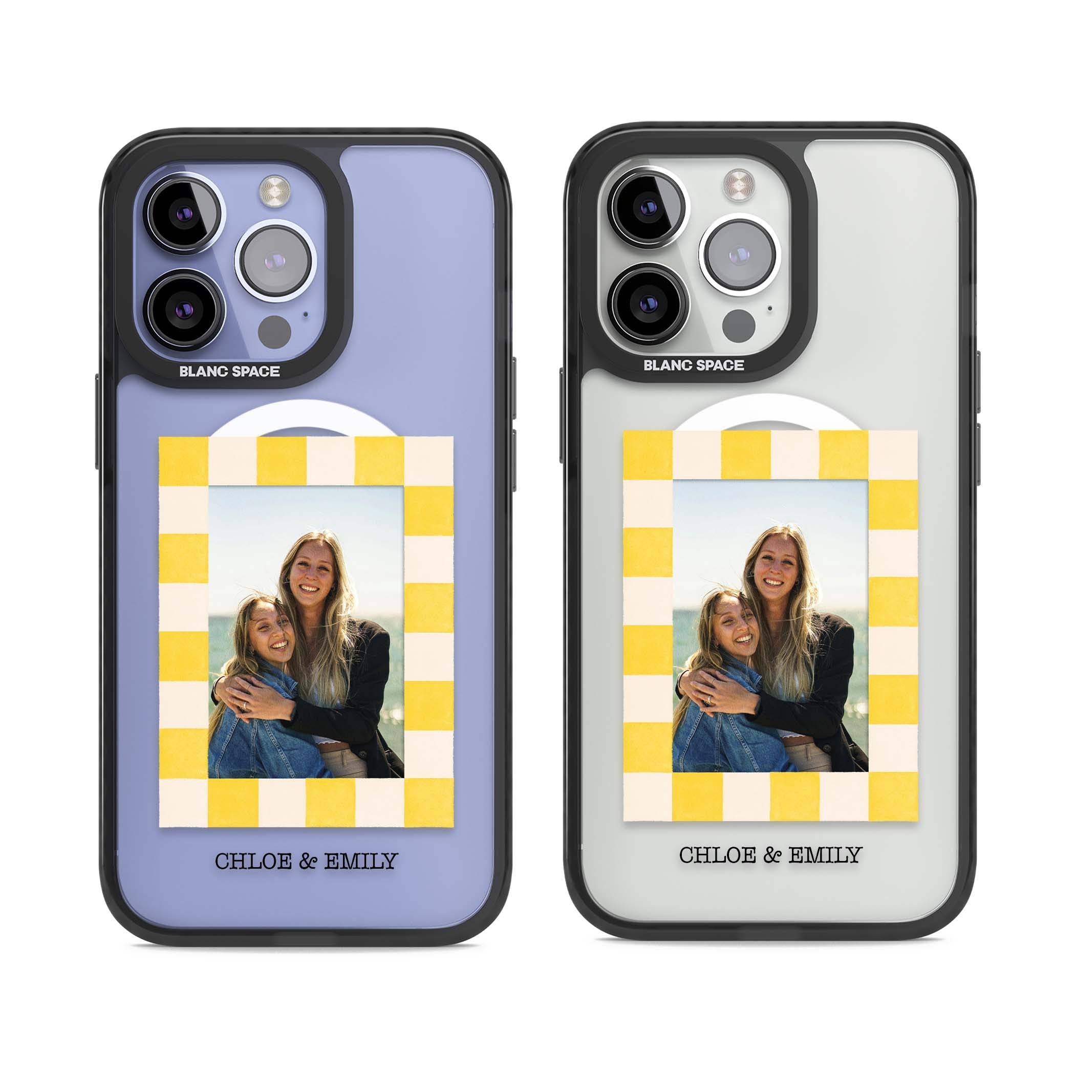 Yellow Check Photo personalised iPhone case with yellow checkered Polaroid frame and custom names beneath | Black Impact Magsafe case for iPhone 13 Pro, iPhone 14 Pro, iPhone 15 Pro