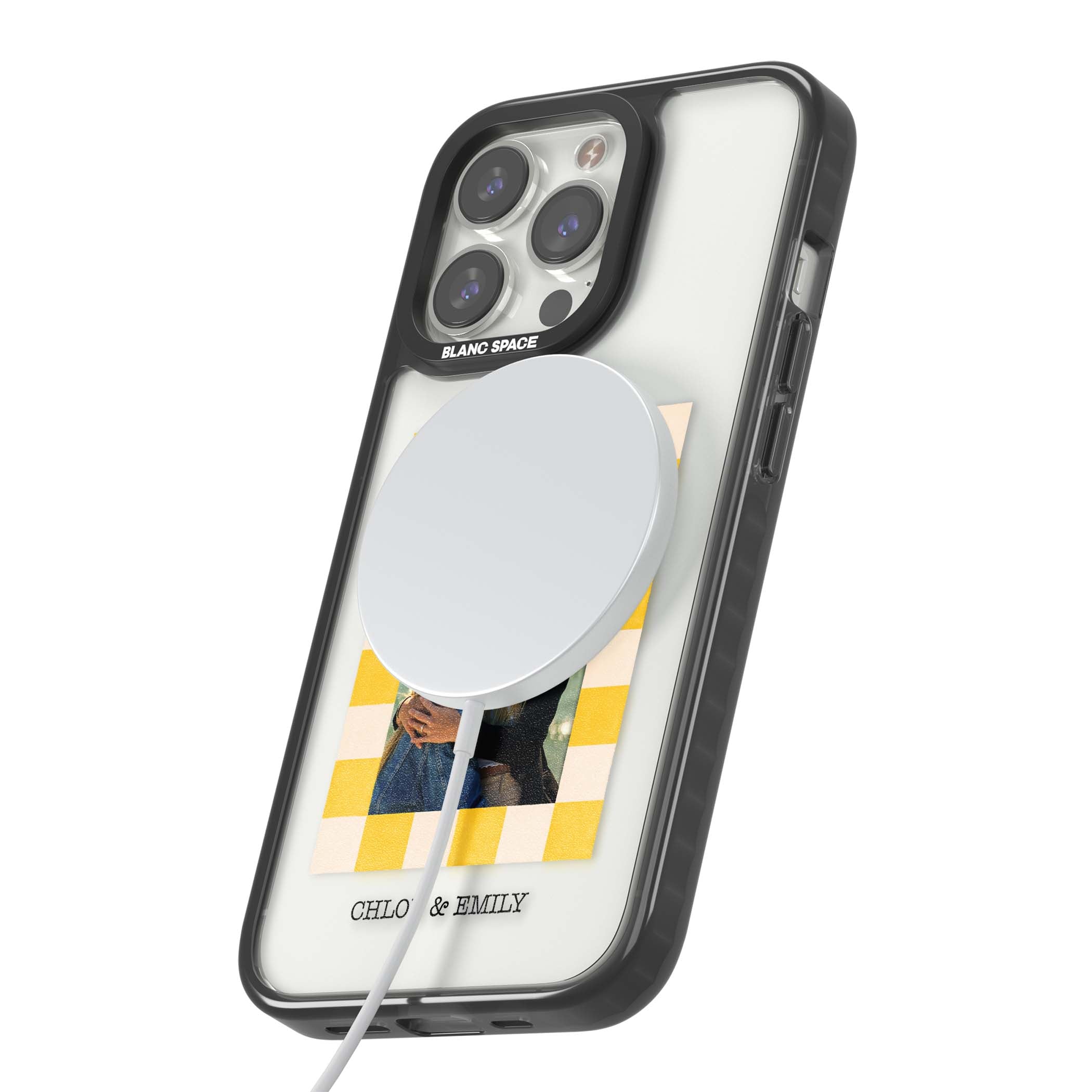 Yellow Check Photo personalised iPhone case with yellow checkered Polaroid frame and custom names beneath | Black Impact Magsafe case for iPhone 13 Pro, iPhone 14 Pro, iPhone 15 Pro