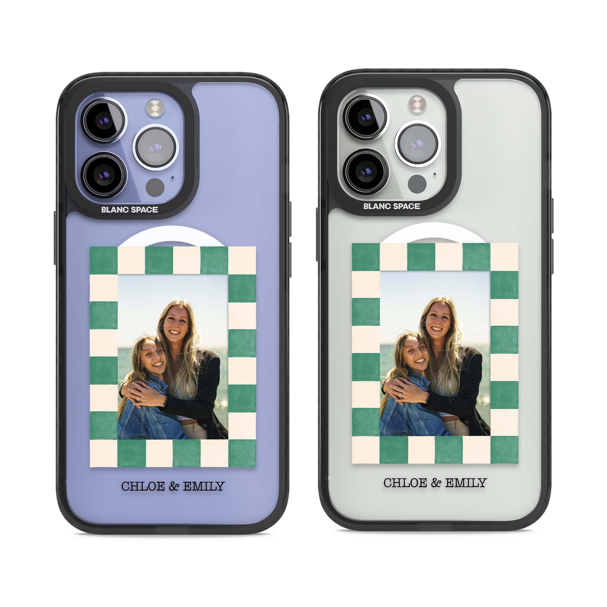Seafoam Check Photo personalised iPhone case featuring a custom polaroid photo, green and cream checkered frame, and custom n | Black Impact Magsafe case for iPhone 13 Pro, iPhone 14 Pro, iPhone 15 Pro
