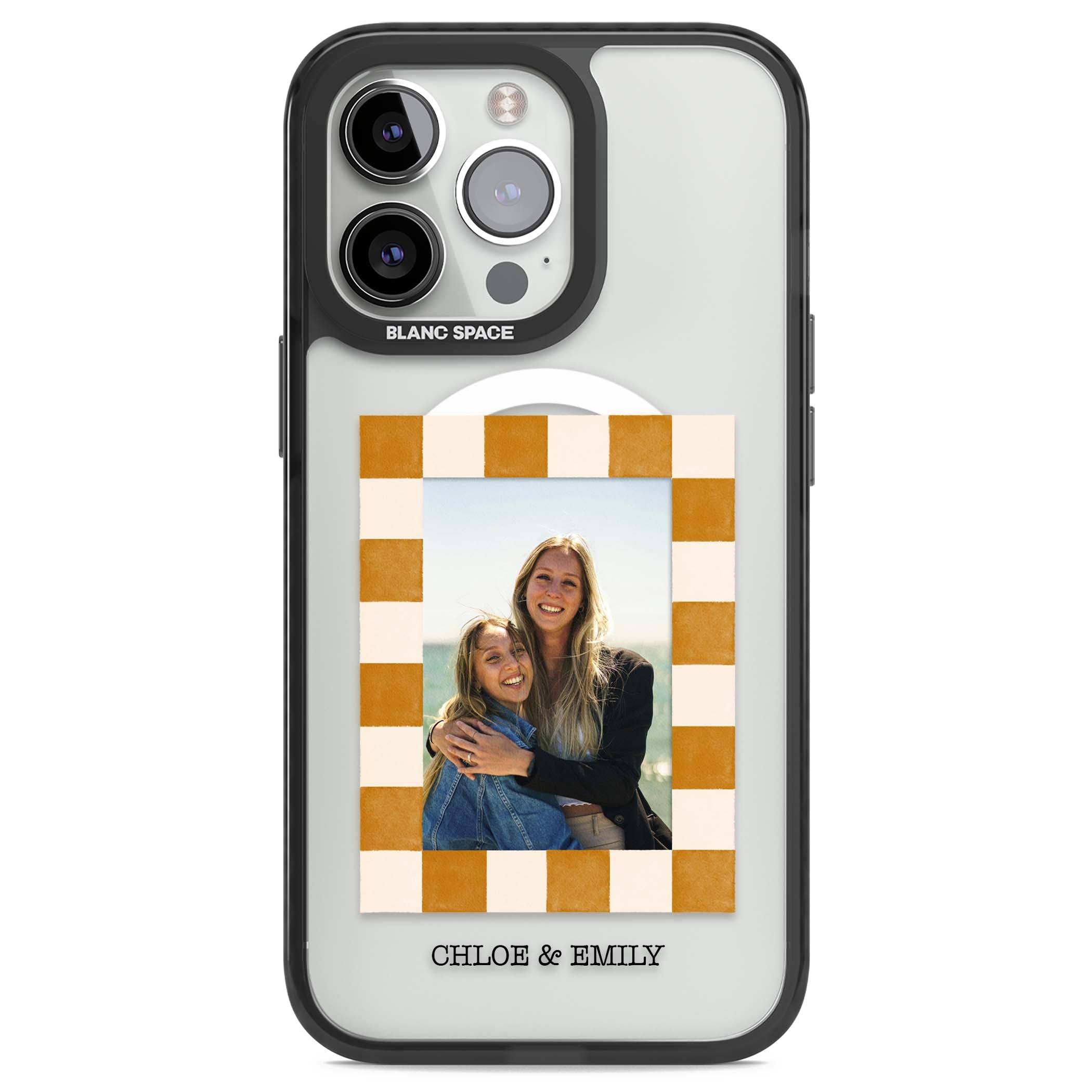 Citrus Check Photo personalised iPhone case with custom photo, orange checkered frame and names underneath | Black Impact Magsafe case for iPhone 13 Pro, iPhone 14 Pro, iPhone 15 Pro