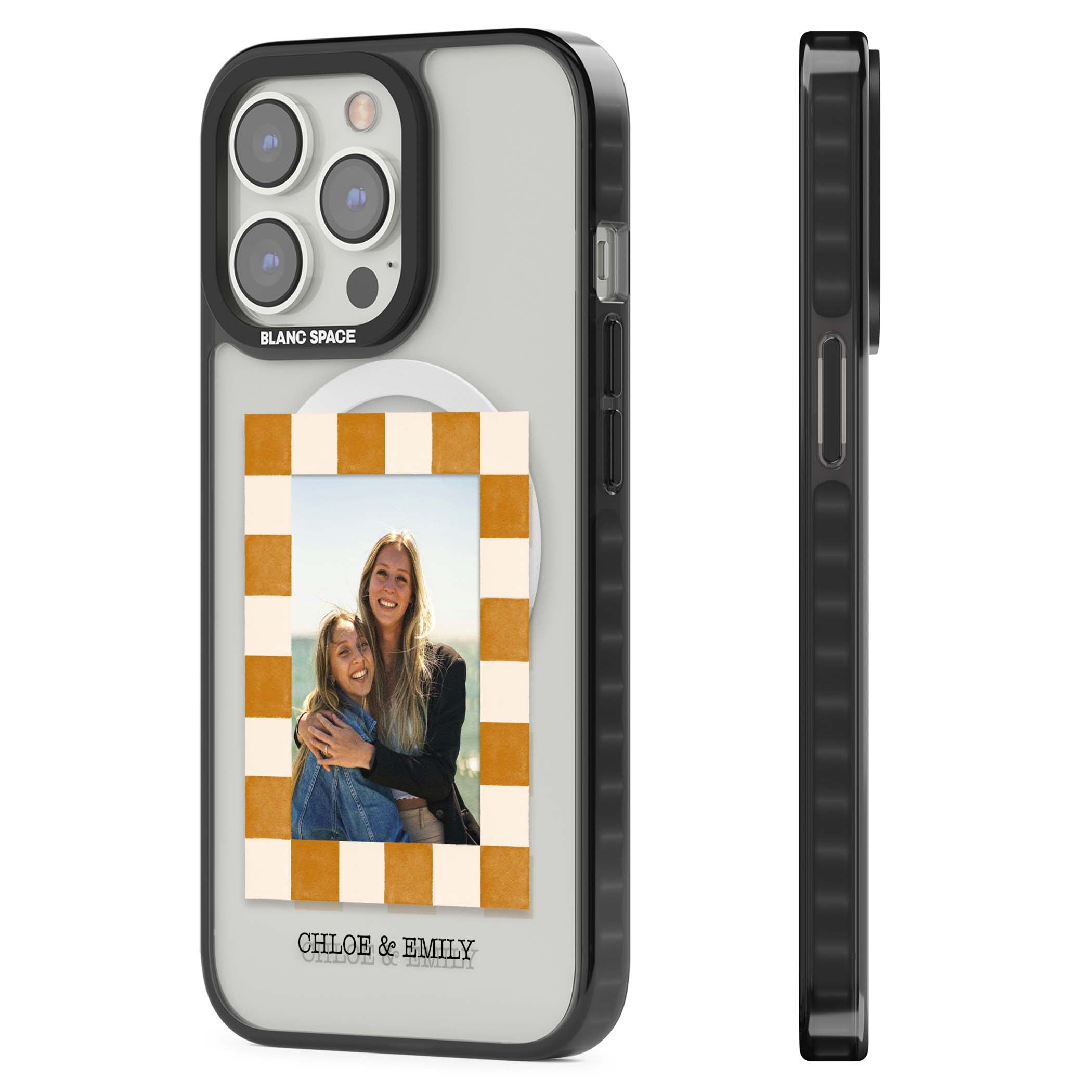 Citrus Check Photo personalised iPhone case with custom photo, orange checkered frame and names underneath | Black Impact Magsafe case for iPhone 13 Pro, iPhone 14 Pro, iPhone 15 Pro