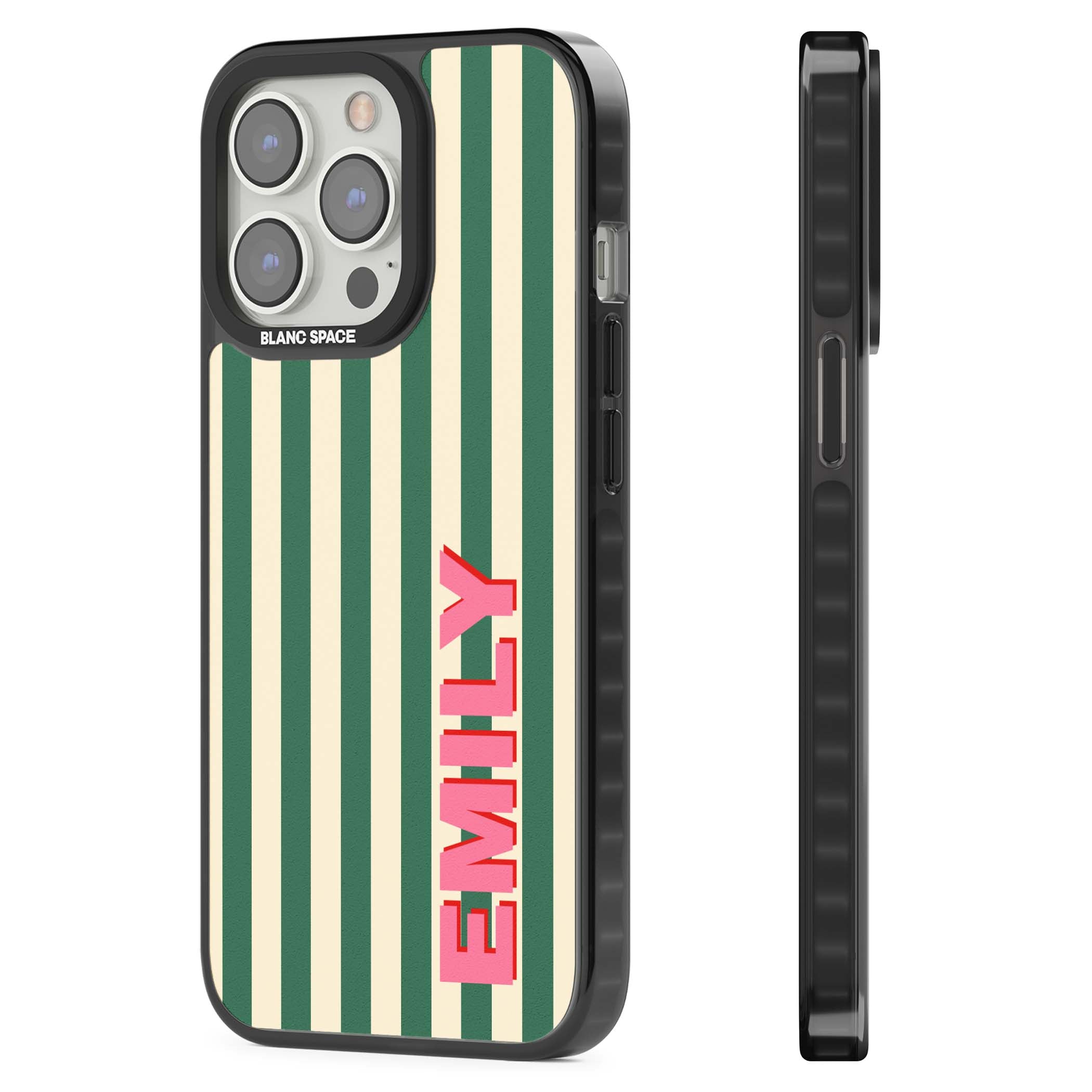Wimbledon Stripe preppy iPhone case featuring green and cream vertical stripes with a personalised pink name | Black Impact Magsafe case for iPhone 13 Pro, iPhone 14 Pro, iPhone 15 Pro