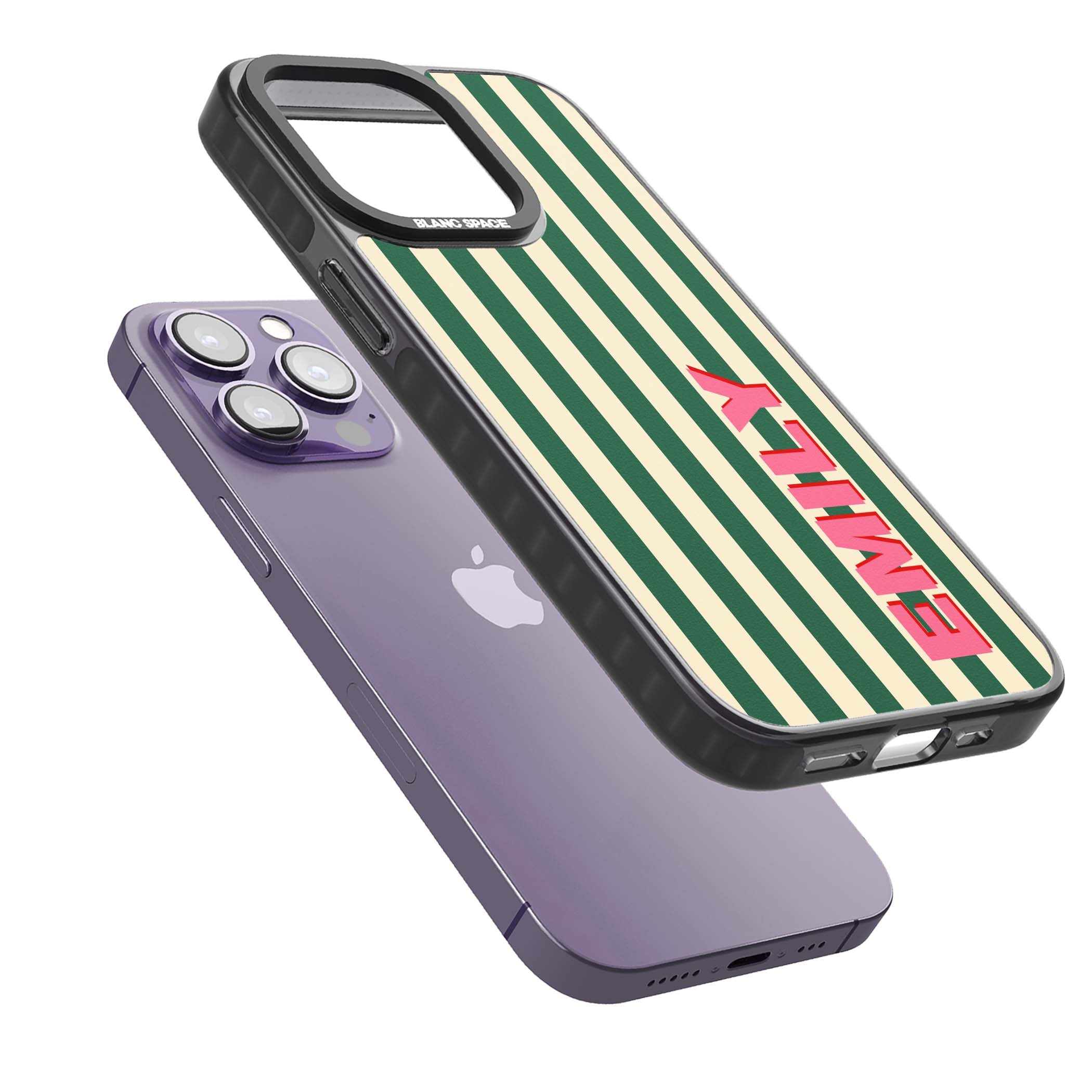 Wimbledon Stripe preppy iPhone case featuring green and cream vertical stripes with a personalised pink name | Black Impact Magsafe case for iPhone 13 Pro, iPhone 14 Pro, iPhone 15 Pro
