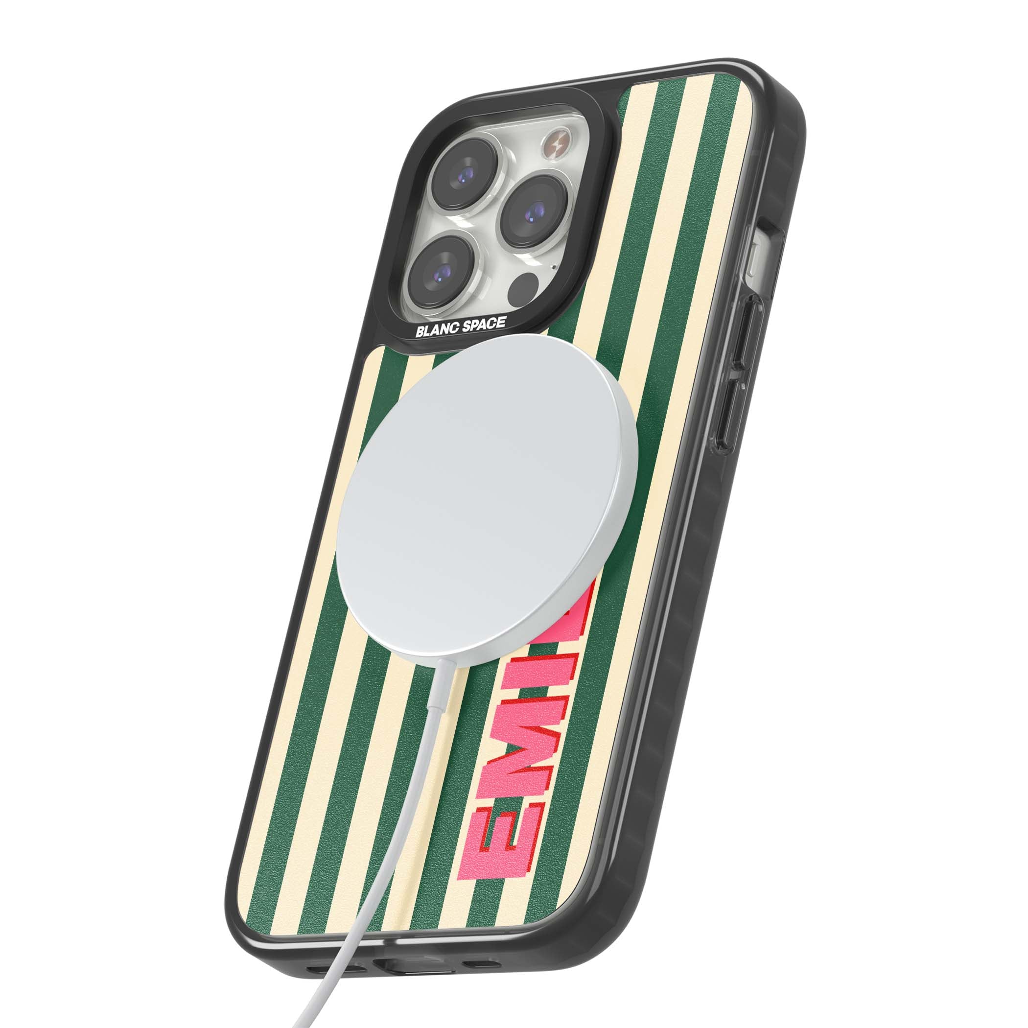 Wimbledon Stripe preppy iPhone case featuring green and cream vertical stripes with a personalised pink name | Black Impact Magsafe case for iPhone 13 Pro, iPhone 14 Pro, iPhone 15 Pro