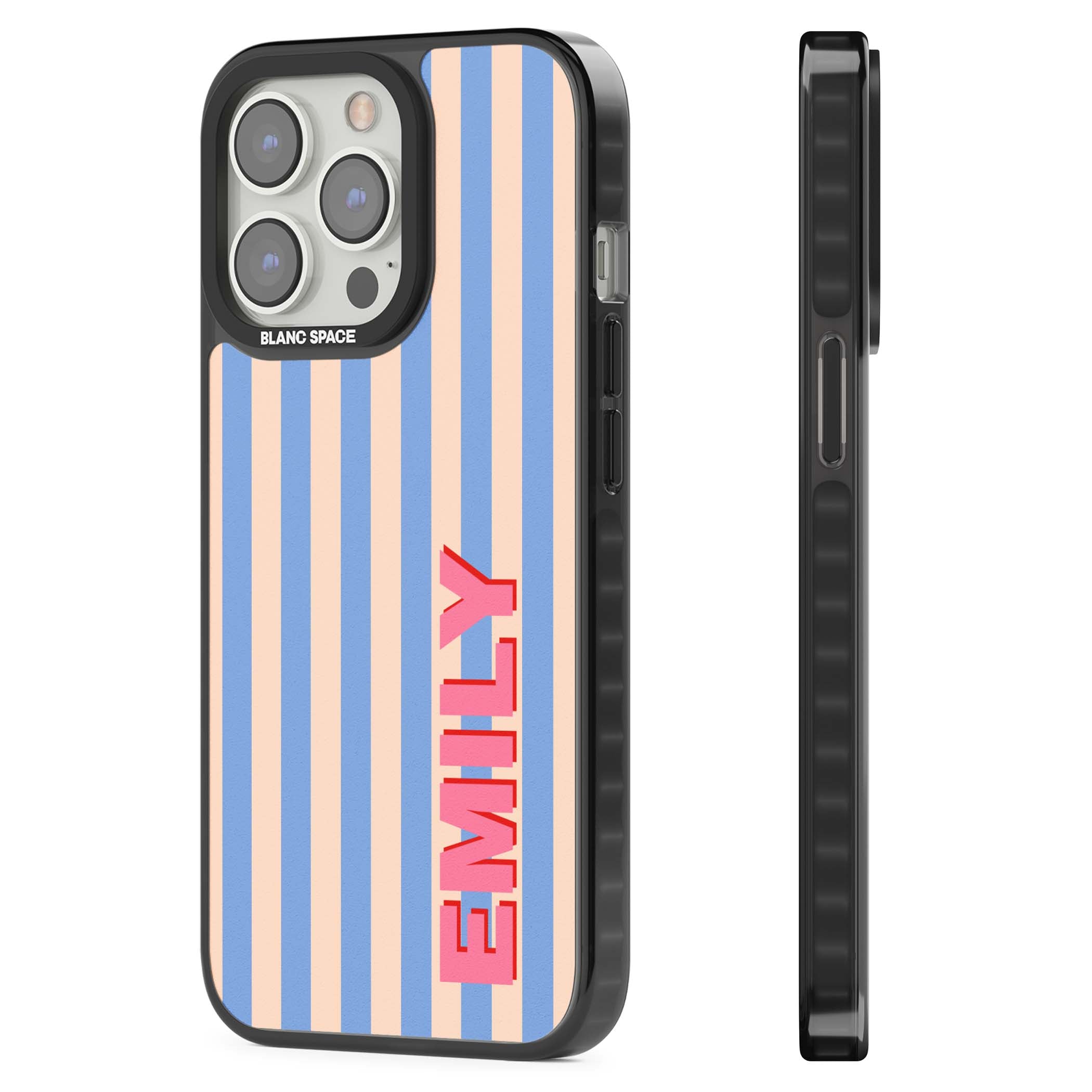 Coastal Stripe personalised coastal iPhone case with blue and peach vertical stripes and custom pink name | Black Impact Magsafe case for iPhone 13 Pro, iPhone 14 Pro, iPhone 15 Pro