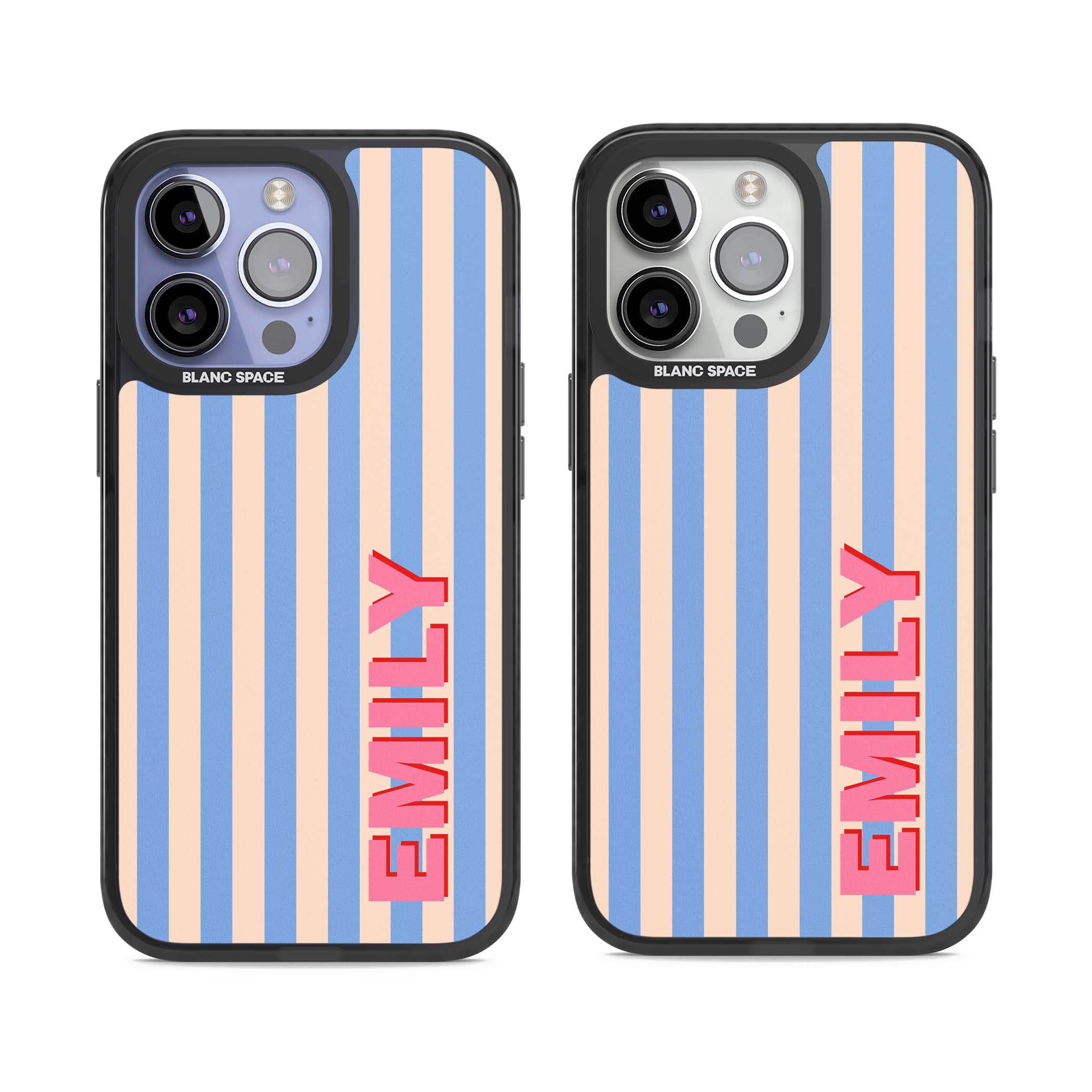 Coastal Stripe personalised coastal iPhone case with blue and peach vertical stripes and custom pink name | Black Impact Magsafe case for iPhone 13 Pro, iPhone 14 Pro, iPhone 15 Pro