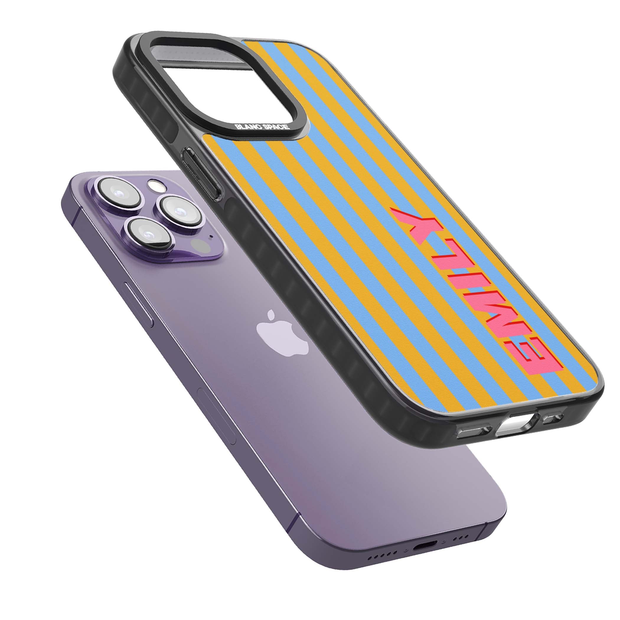 Carribean Stripe personalised coastal iPhone case with yellow and blue vertical stripes and a custom pink name | Black Impact Magsafe case for iPhone 13 Pro, iPhone 14 Pro, iPhone 15 Pro