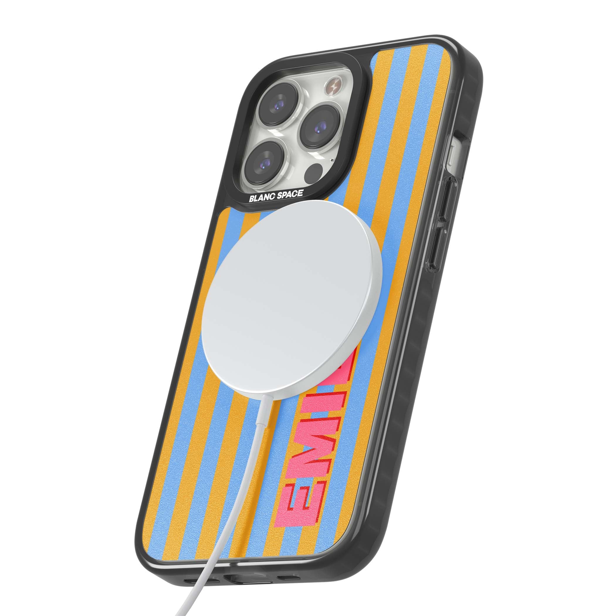 Carribean Stripe personalised coastal iPhone case with yellow and blue vertical stripes and a custom pink name | Black Impact Magsafe case for iPhone 13 Pro, iPhone 14 Pro, iPhone 15 Pro